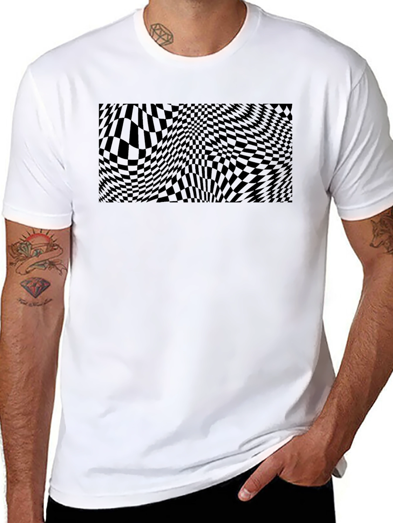 Mens Black Graphic Tee - Wavy Checkerboard Design