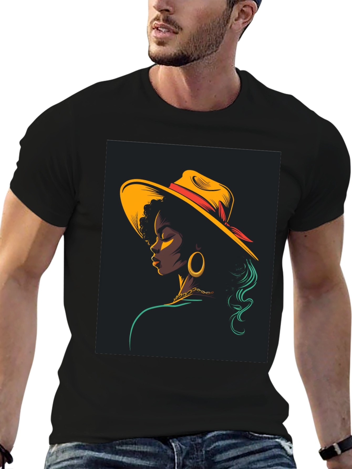 Stylish Black T-Shirt with Retro Woman Graphic