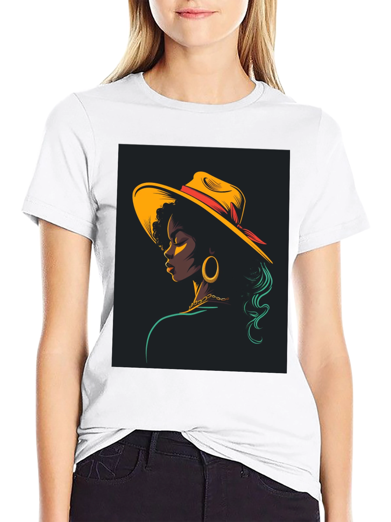 Stylish Black T-Shirt with Retro Woman Graphic