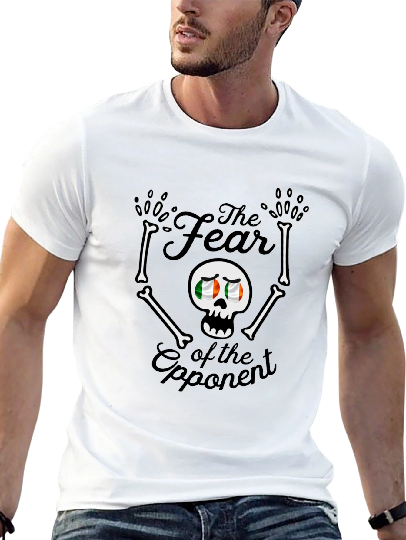 Fear of the Opponent Skeleton Ireland Flag Graphic T-Shirt