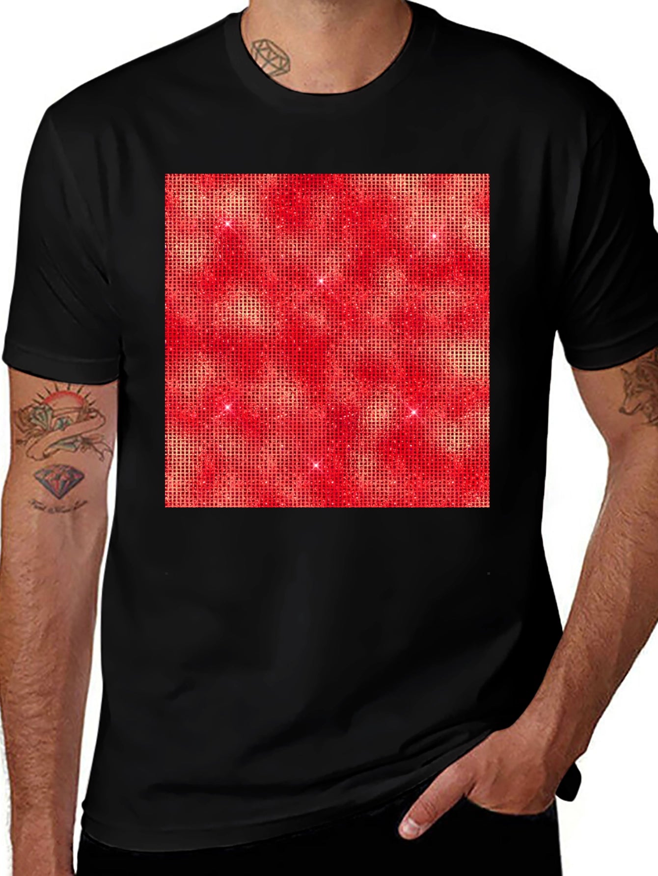 Red Square Design Black T-Shirt