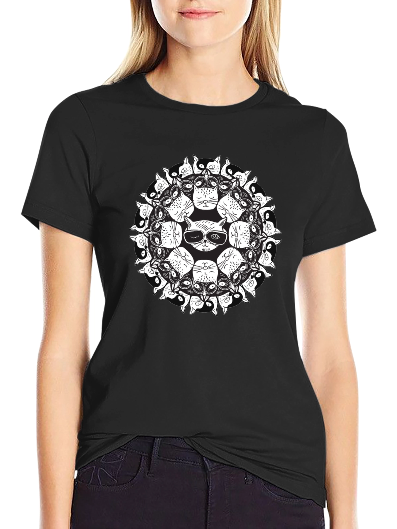 Cat Mandala Graphic Black T-Shirt