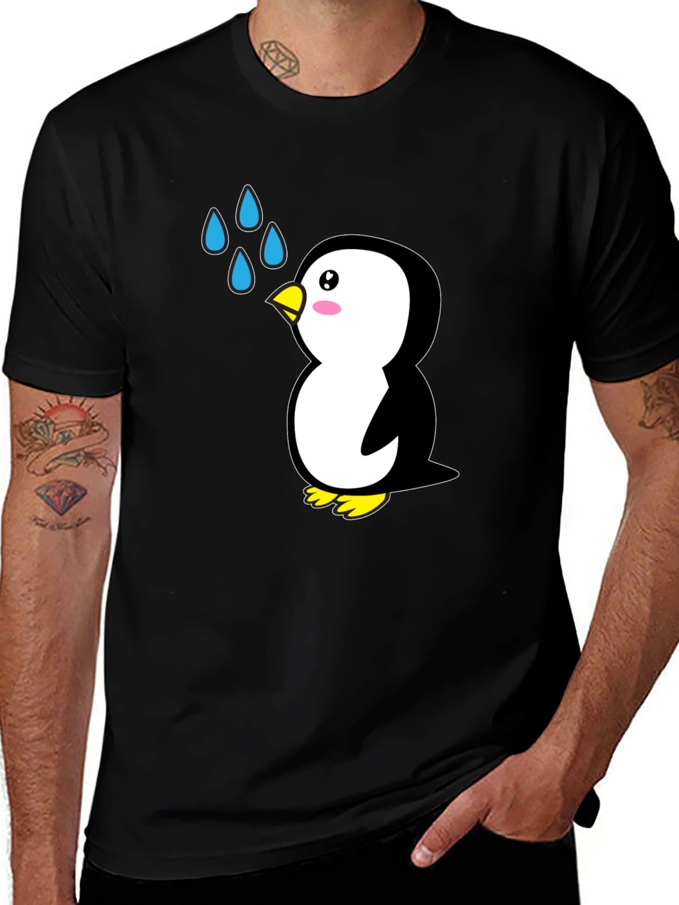 Cute Penguin Cartoon Black T-Shirt