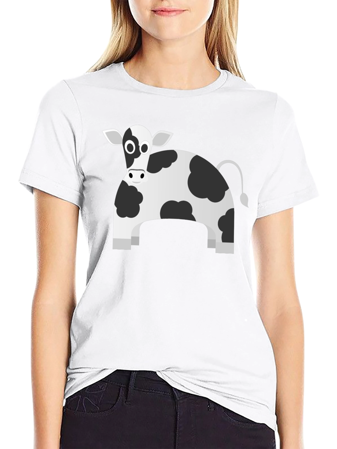 Black T-Shirt with Cartoon Cow Print