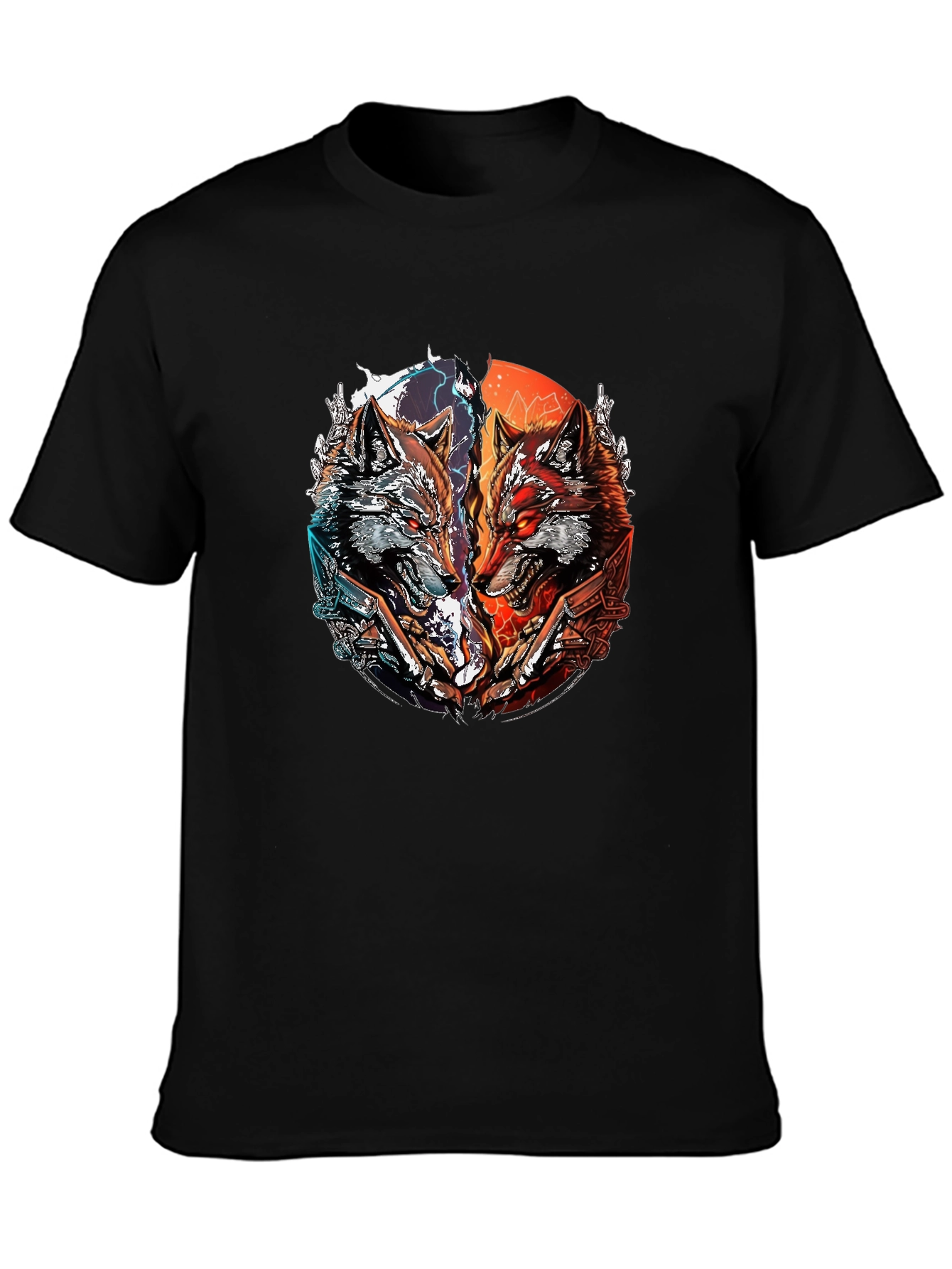 Two Wolves Graphic Print Black T-Shirt