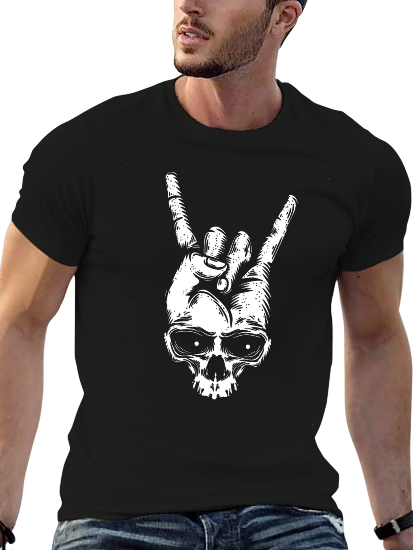 Rock On Skull Graphic Tee - Black Cotton T-Shirt