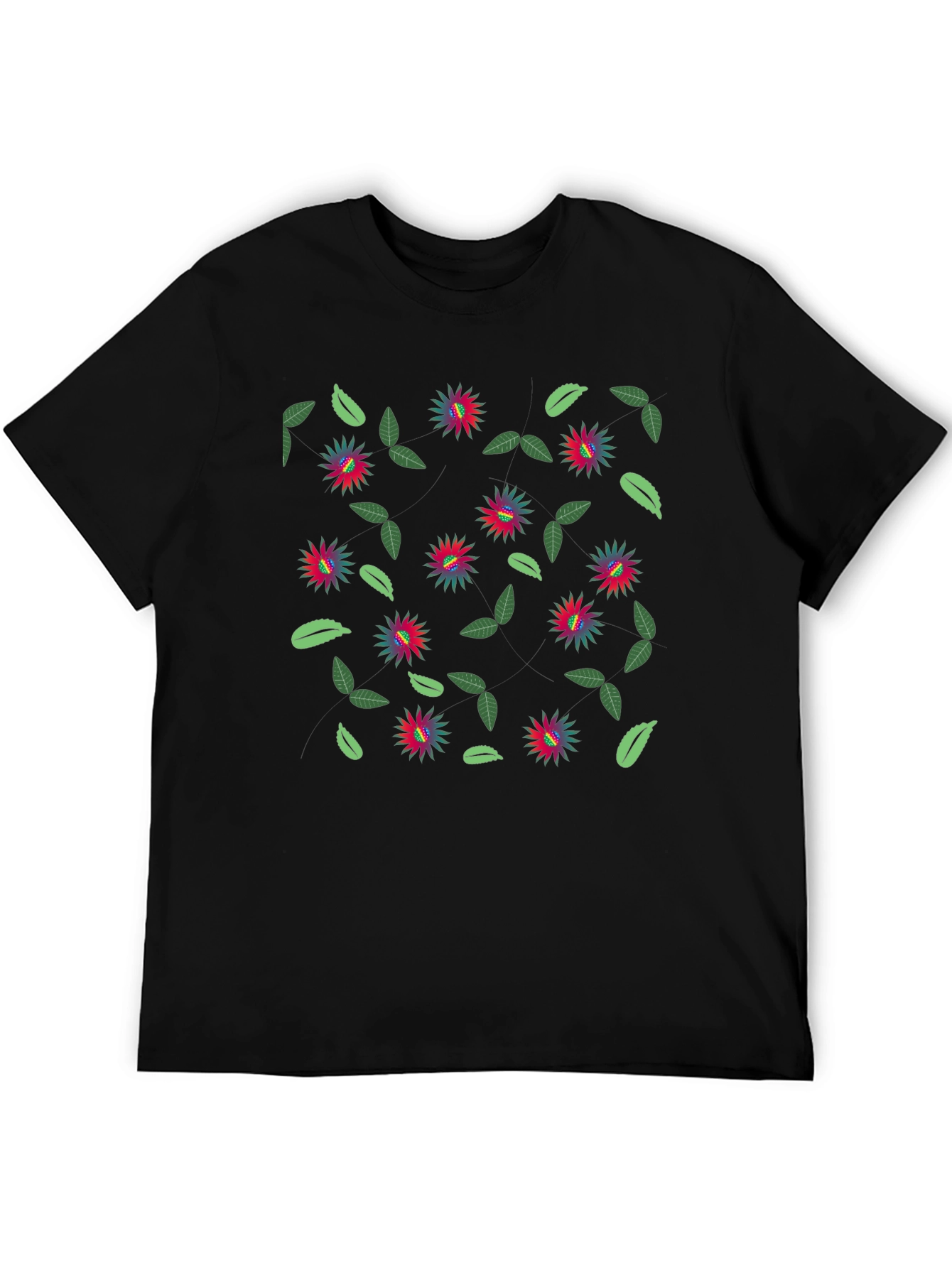 Floral Patterned Black Crew Neck T-Shirt