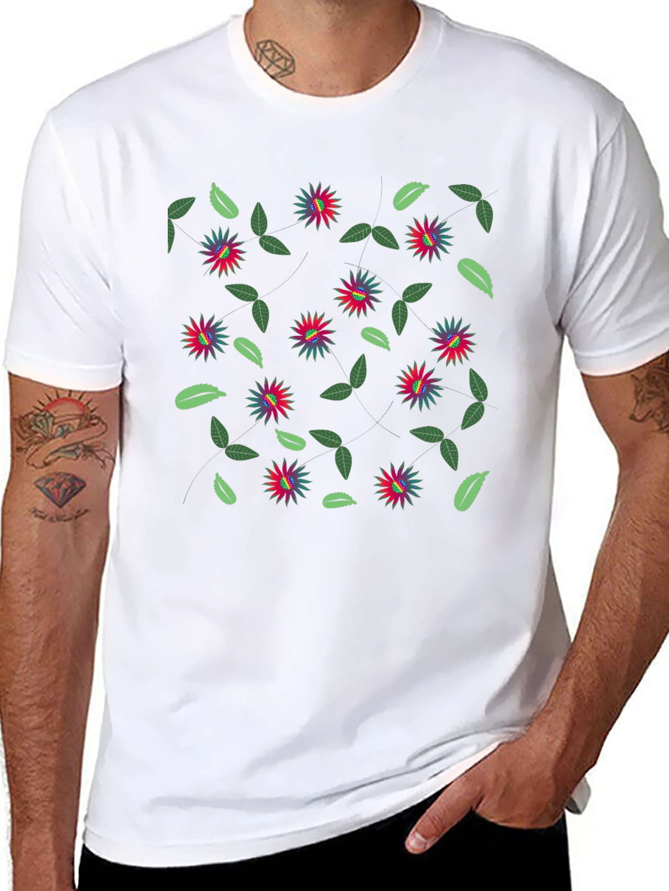 Floral Patterned Black Crew Neck T-Shirt