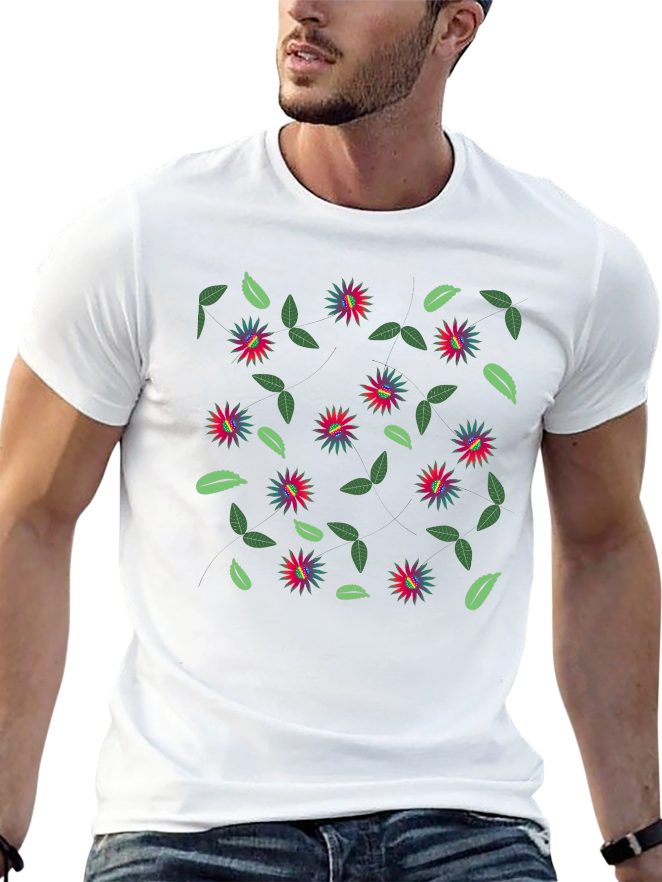 Floral Patterned Black Crew Neck T-Shirt