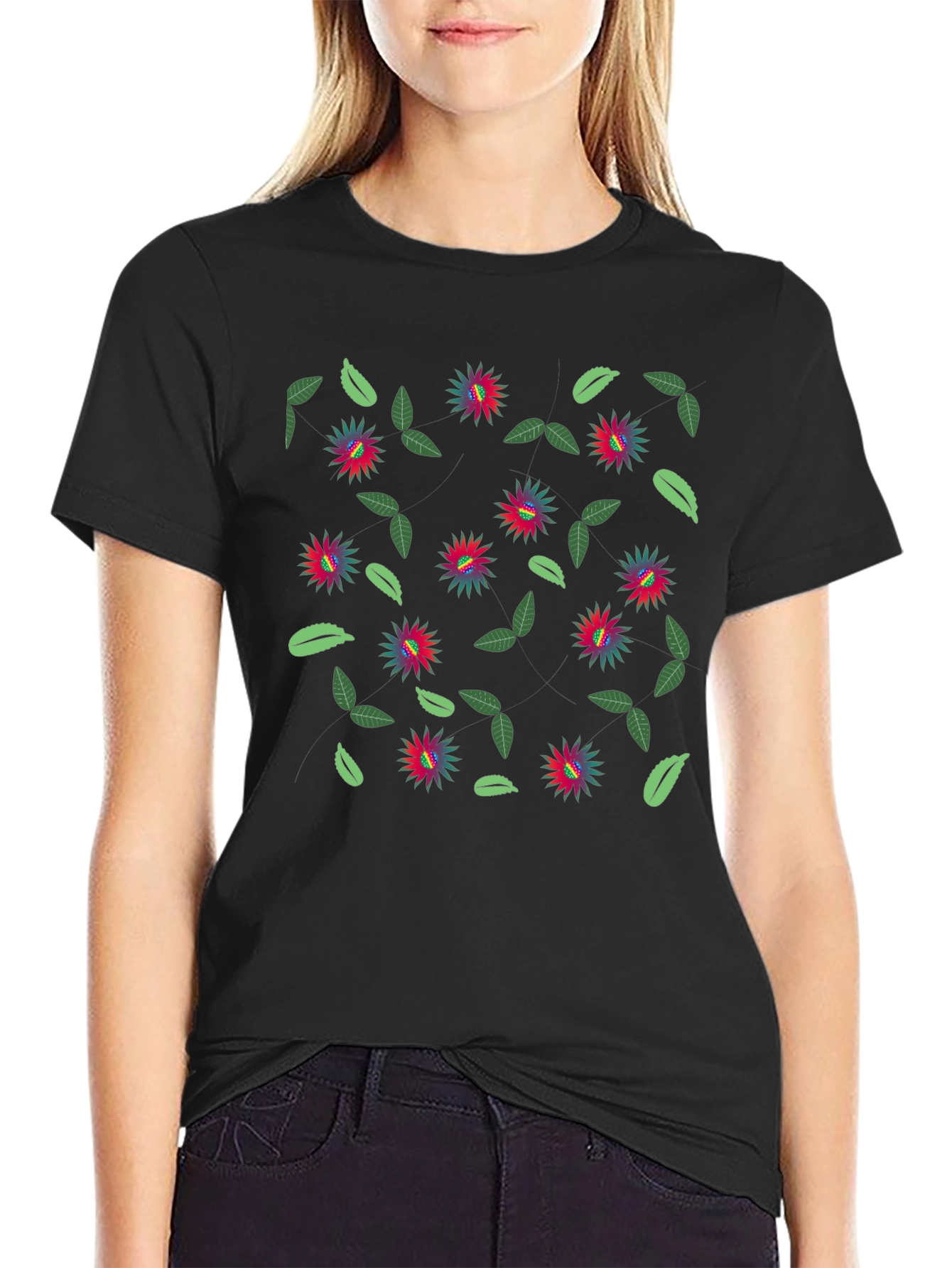 Floral Patterned Black Crew Neck T-Shirt