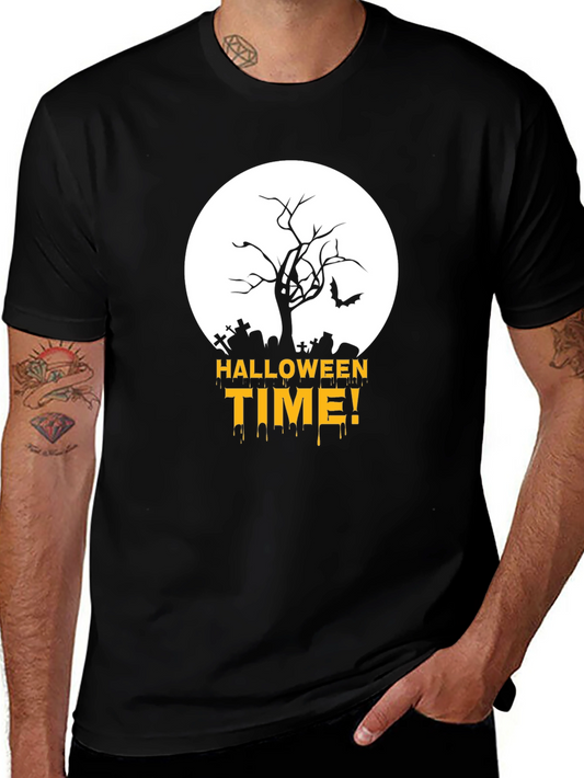 Halloween Time Black T-Shirt with Spooky Graveyard Design