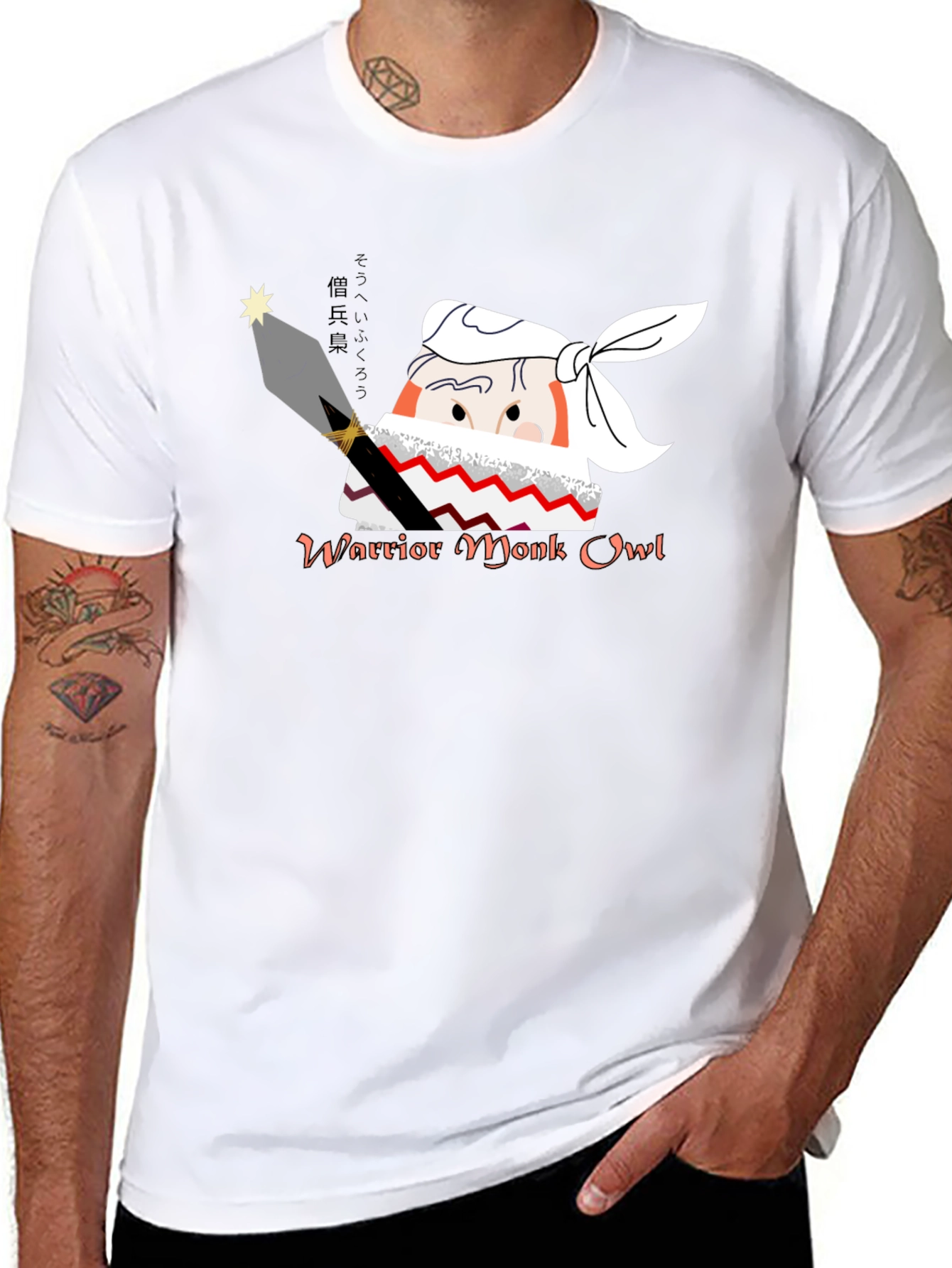 Warrior Monk Owl Black Graphic T-Shirt