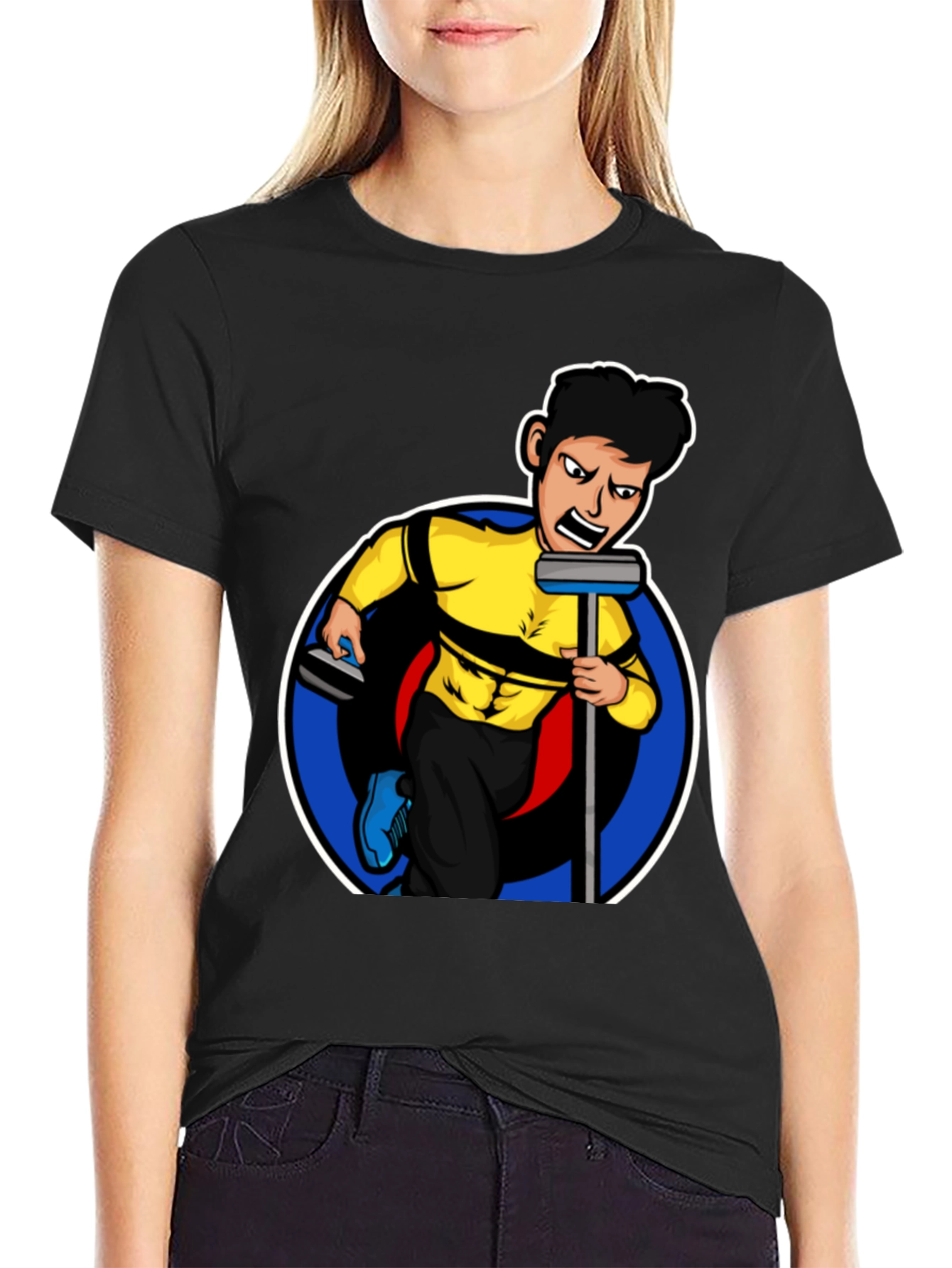 Curling Cartoon Graphic Tee - Black