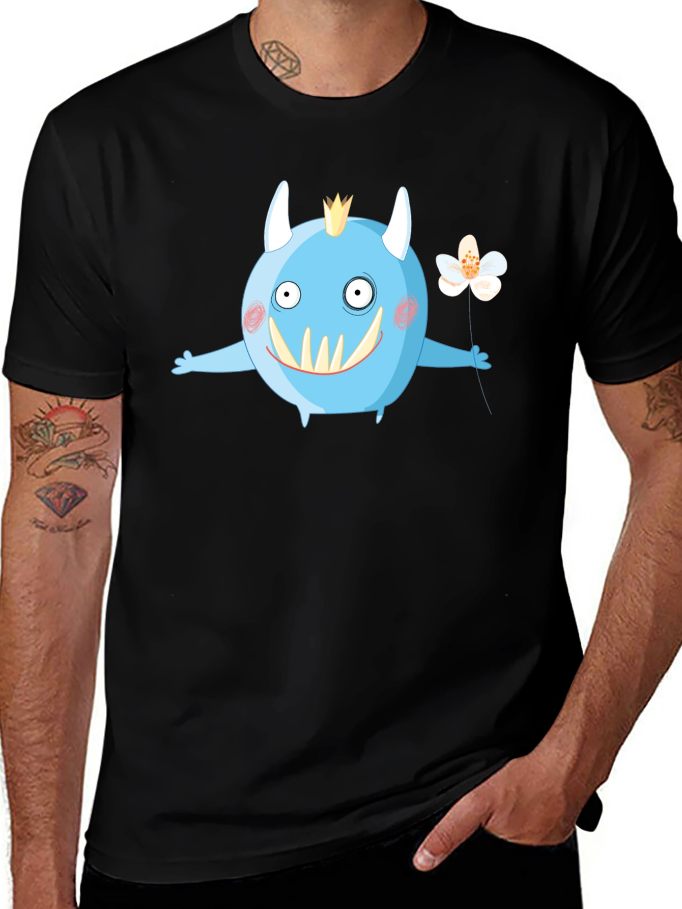 Monster with Flower Graphic Tee - Black