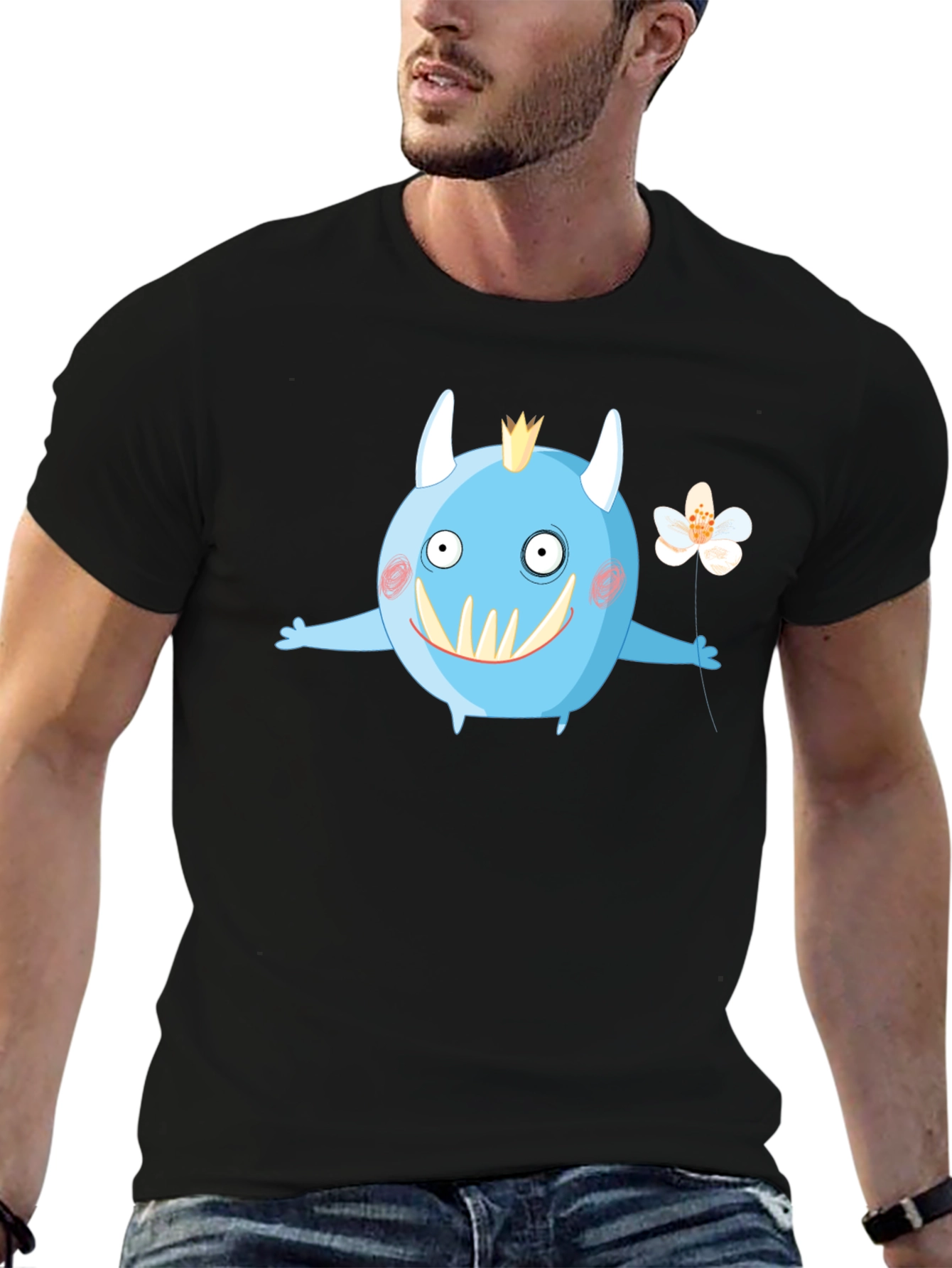 Monster with Flower Graphic Tee - Black