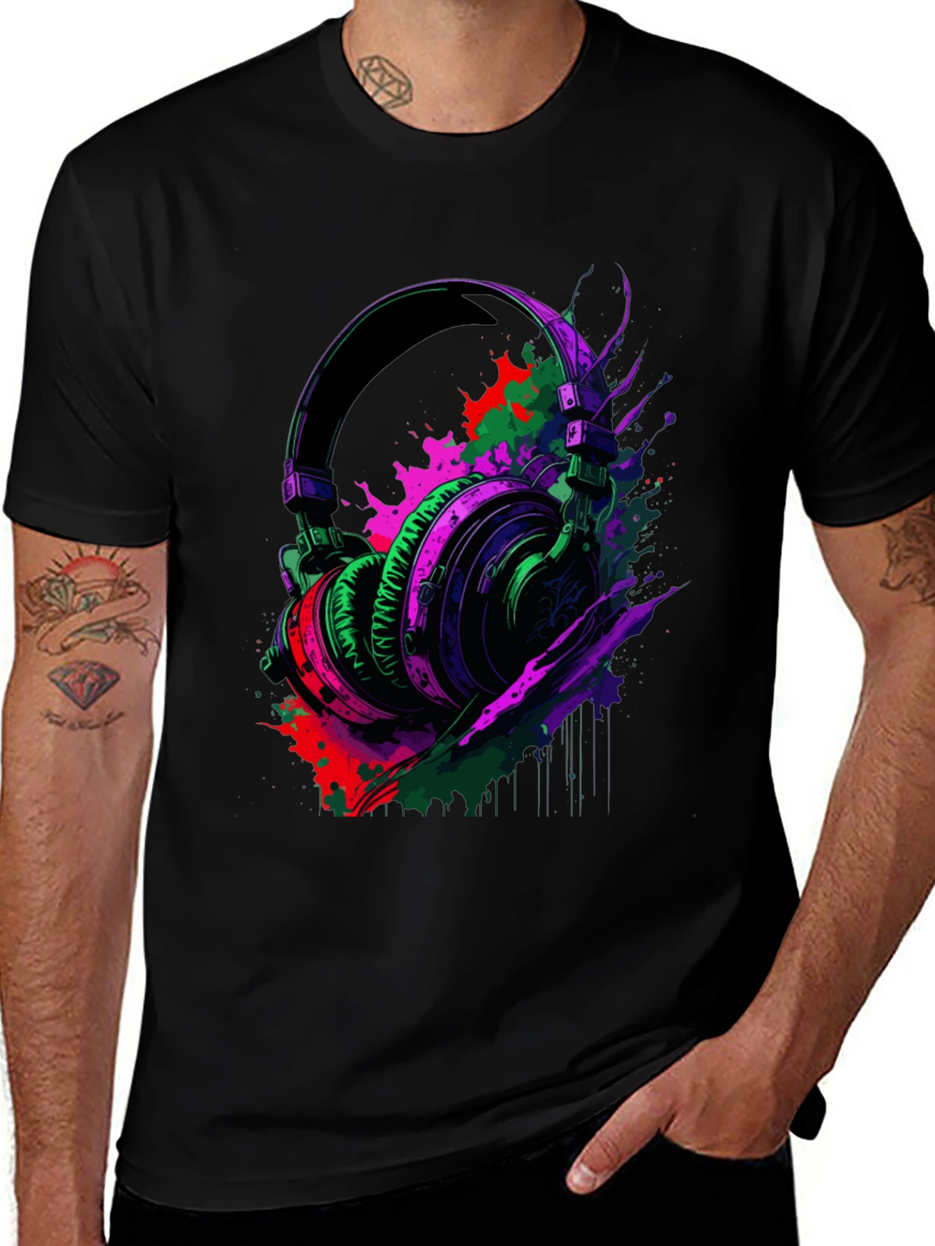 Vibrant Headphones Graphic Black T-Shirt