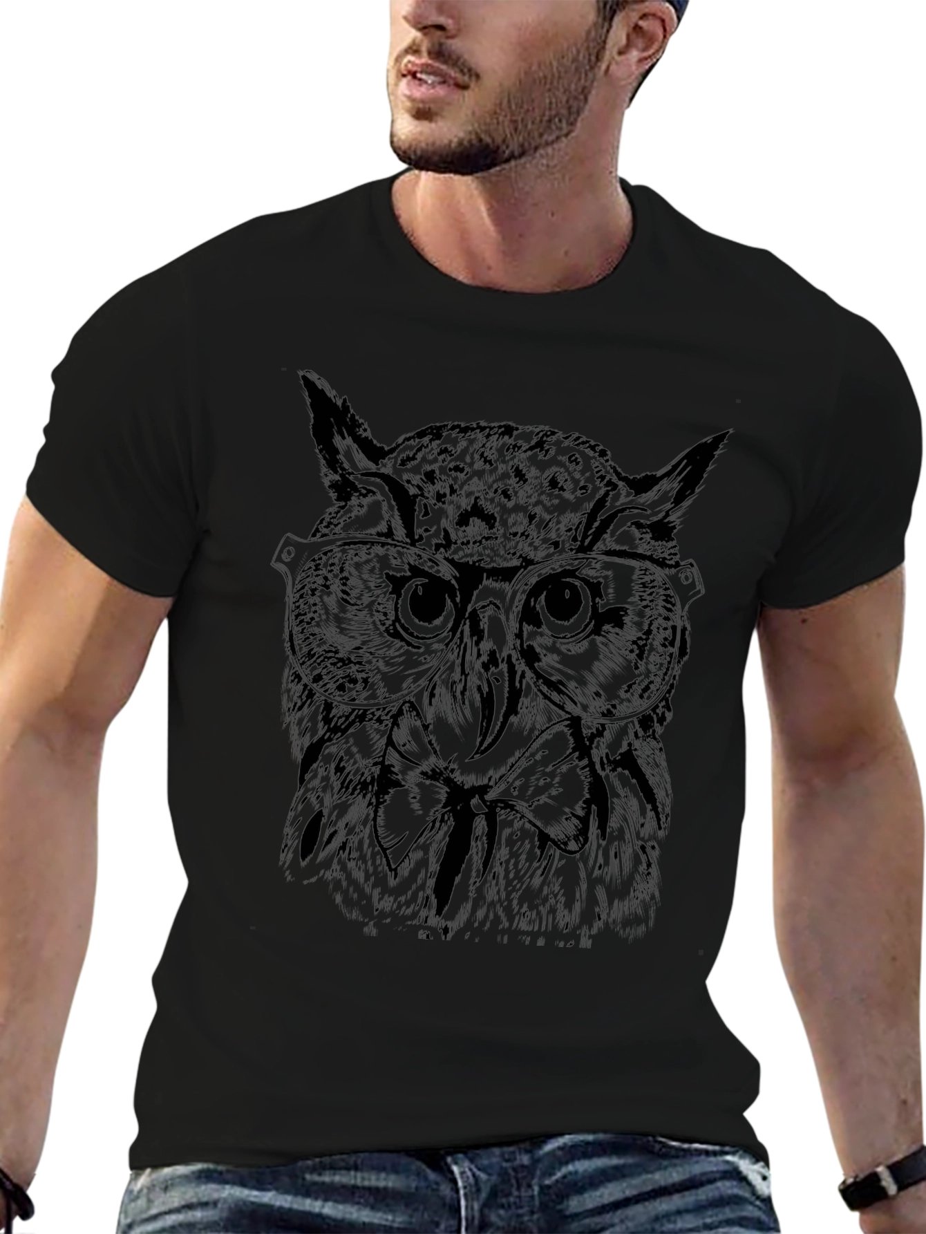 Owl with Glasses Graphic Tee - Black