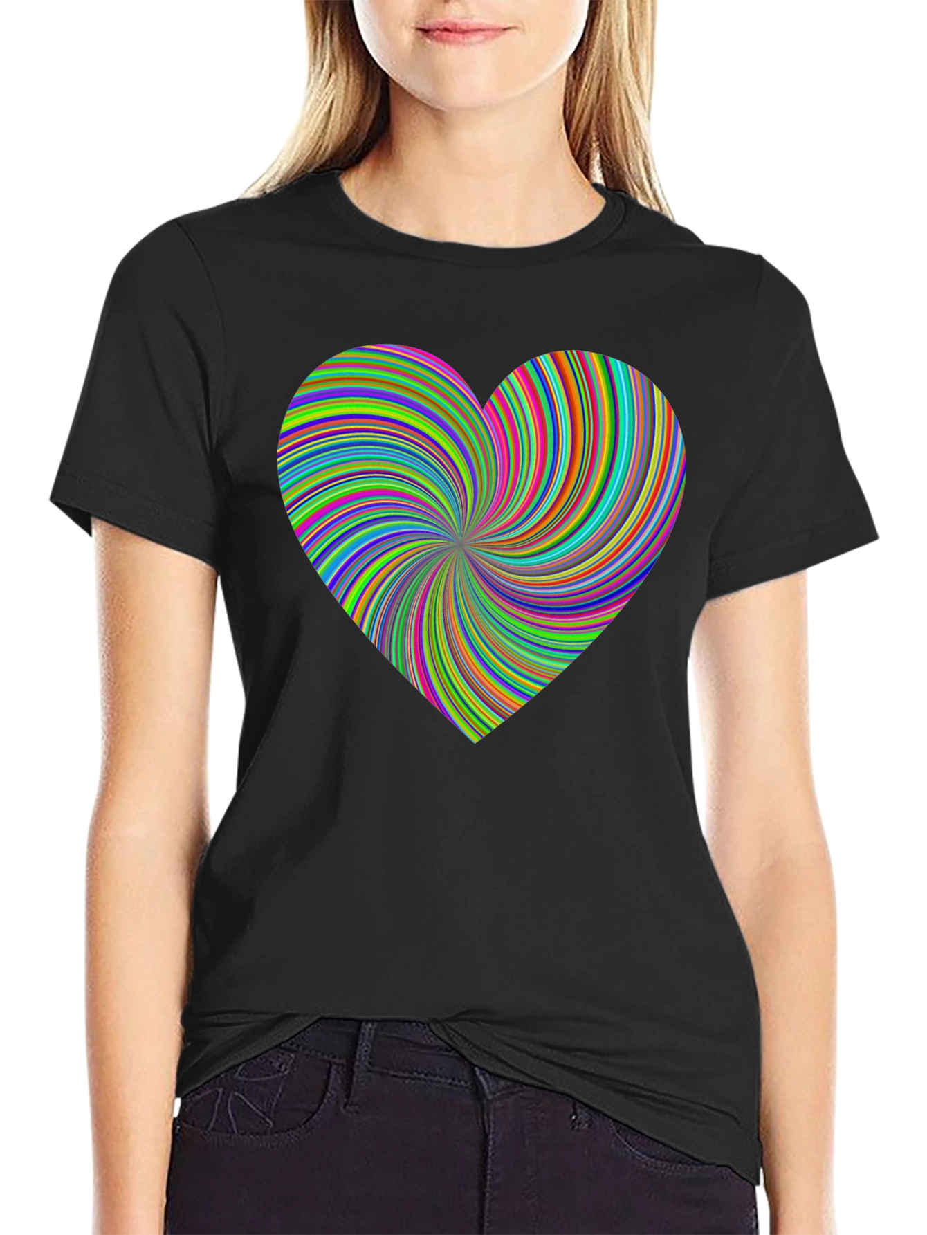 Vibrant Swirl Heart Black T-Shirt - Modern Artistic Tee