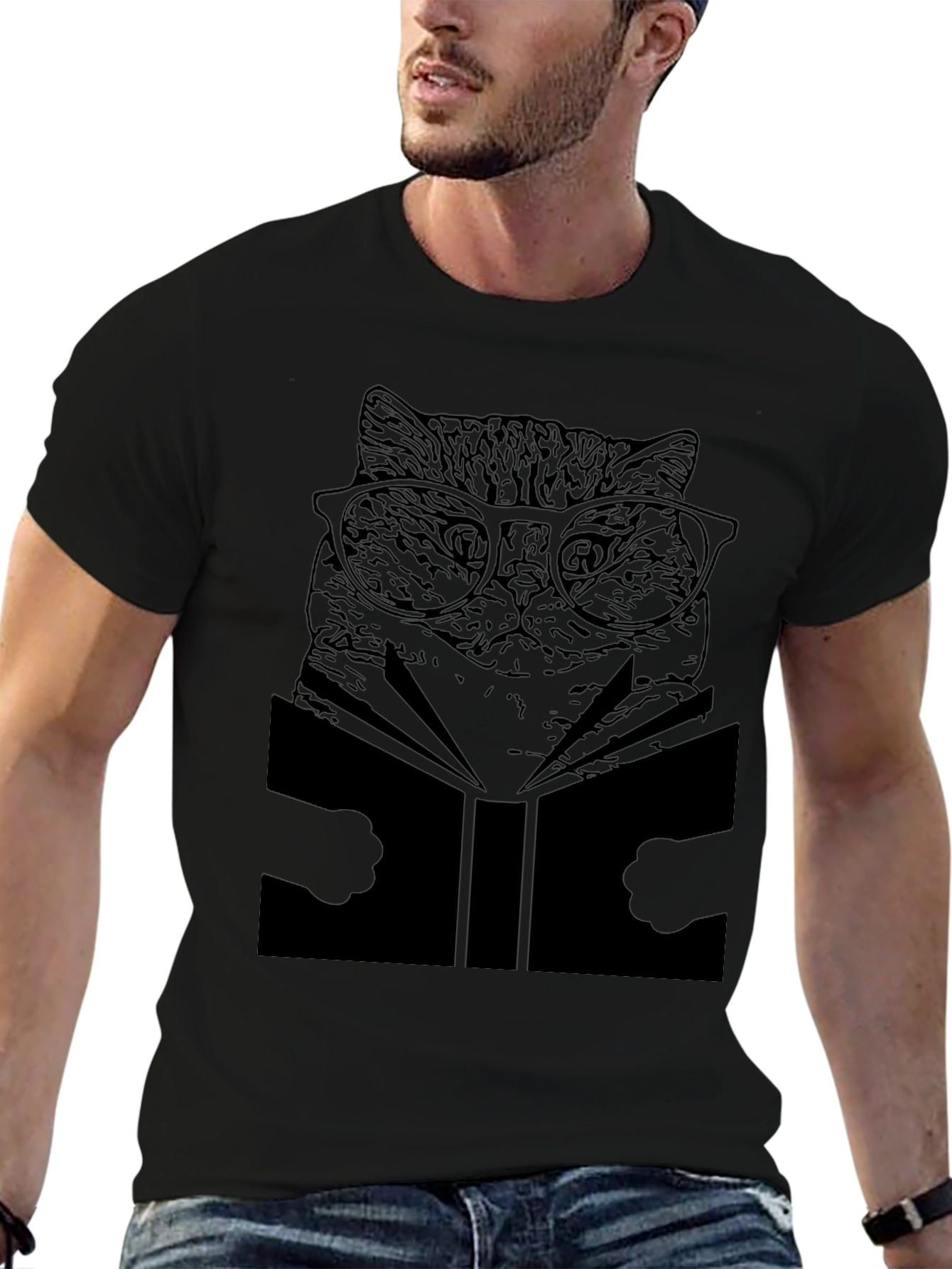 Cat Reading Book T-Shirt - Unisex Black Tee