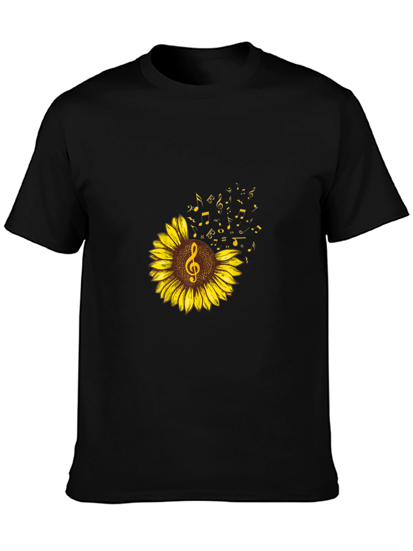 Sunflower Music Note Graphic Tee - Black Cotton Shirt
