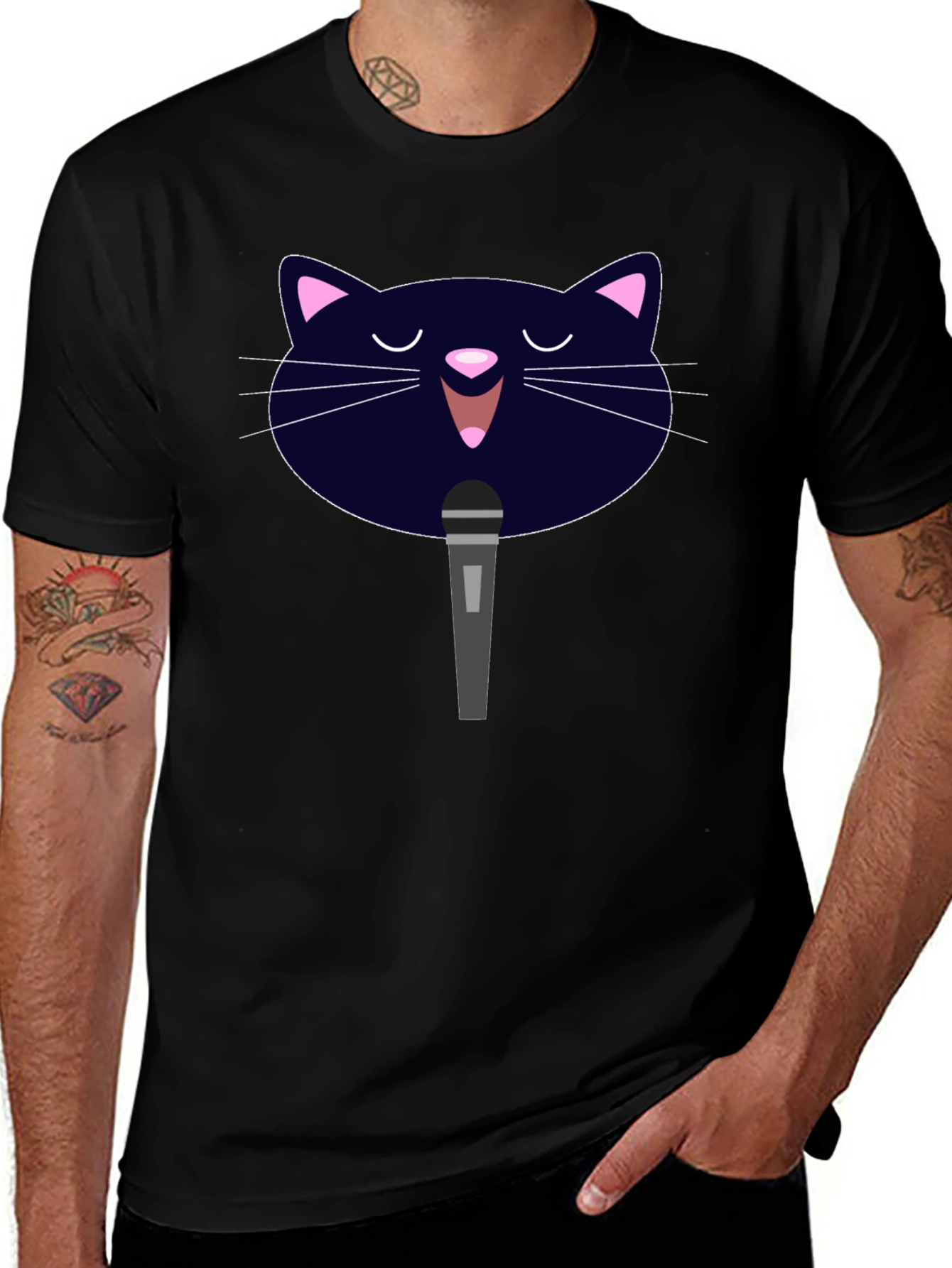 Karaoke Cat Graphic Tee - Black Cotton T-Shirt