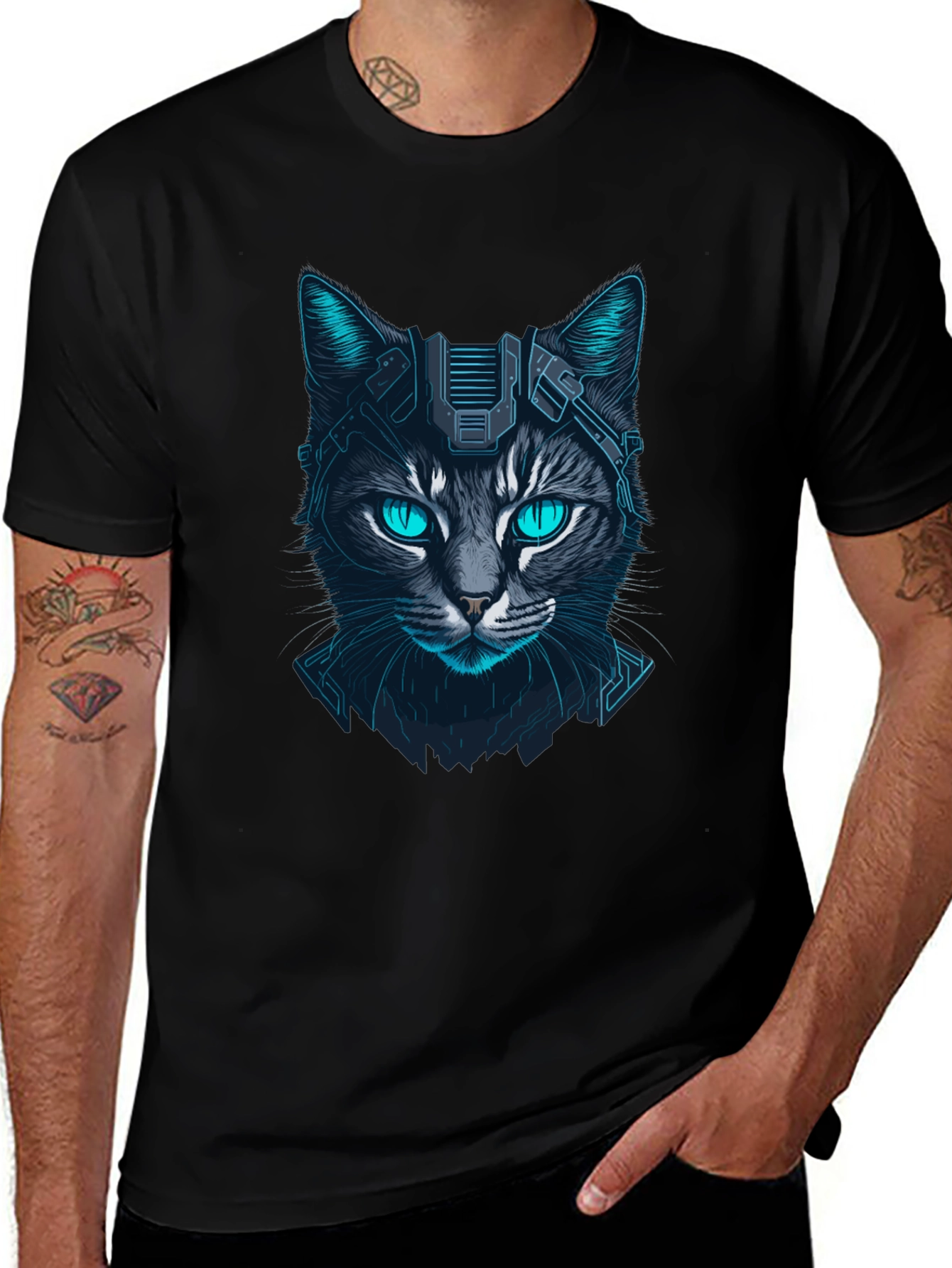 Cyberpunk Cat Graphic Tee - Futuristic Feline Design
