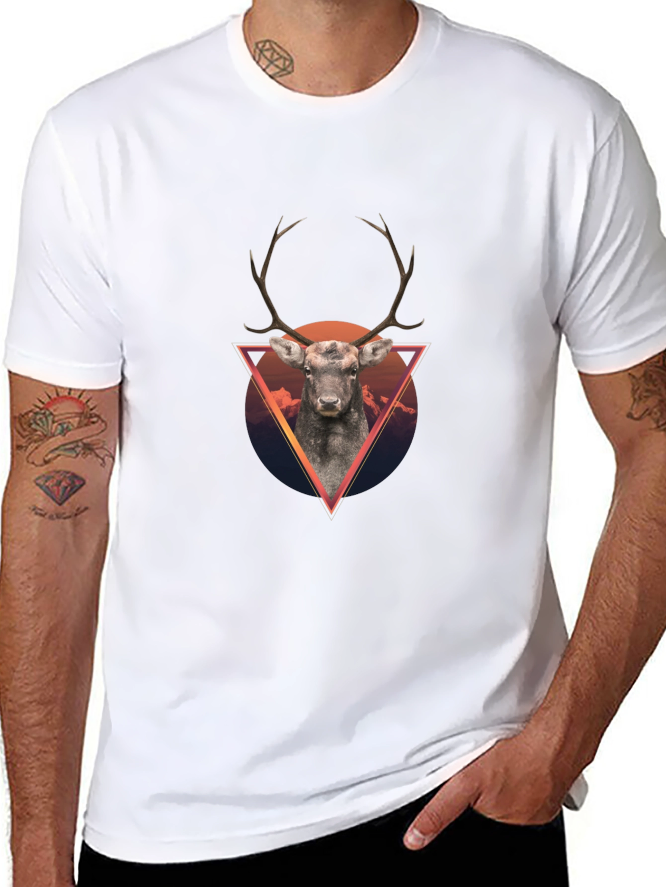 Geometric Deer Graphic Tee - Black