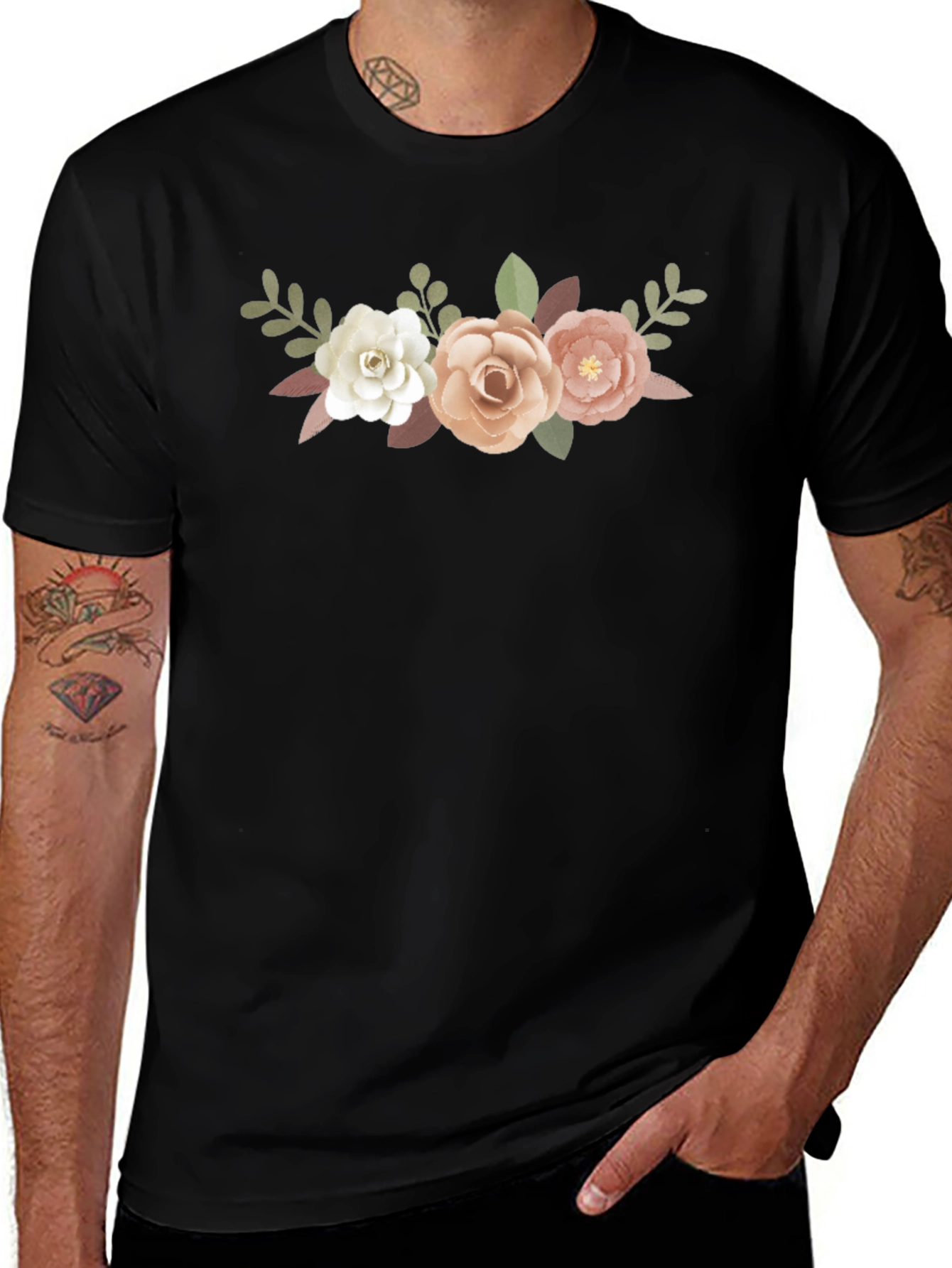 Floral Bouquet Graphic Tee - Black Cotton T-Shirt