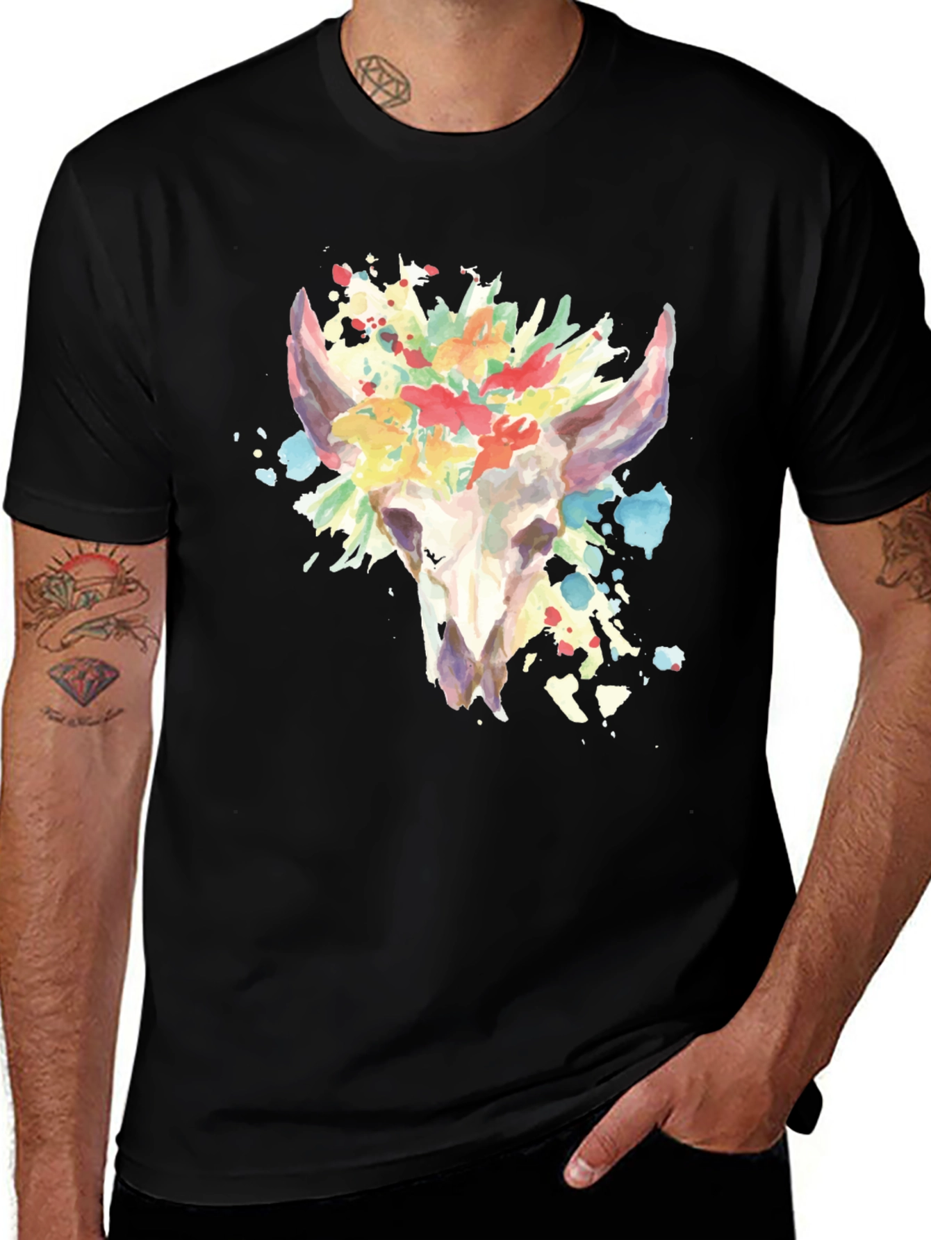 Floral Skull Graphic Tee - Mens Black T-Shirt