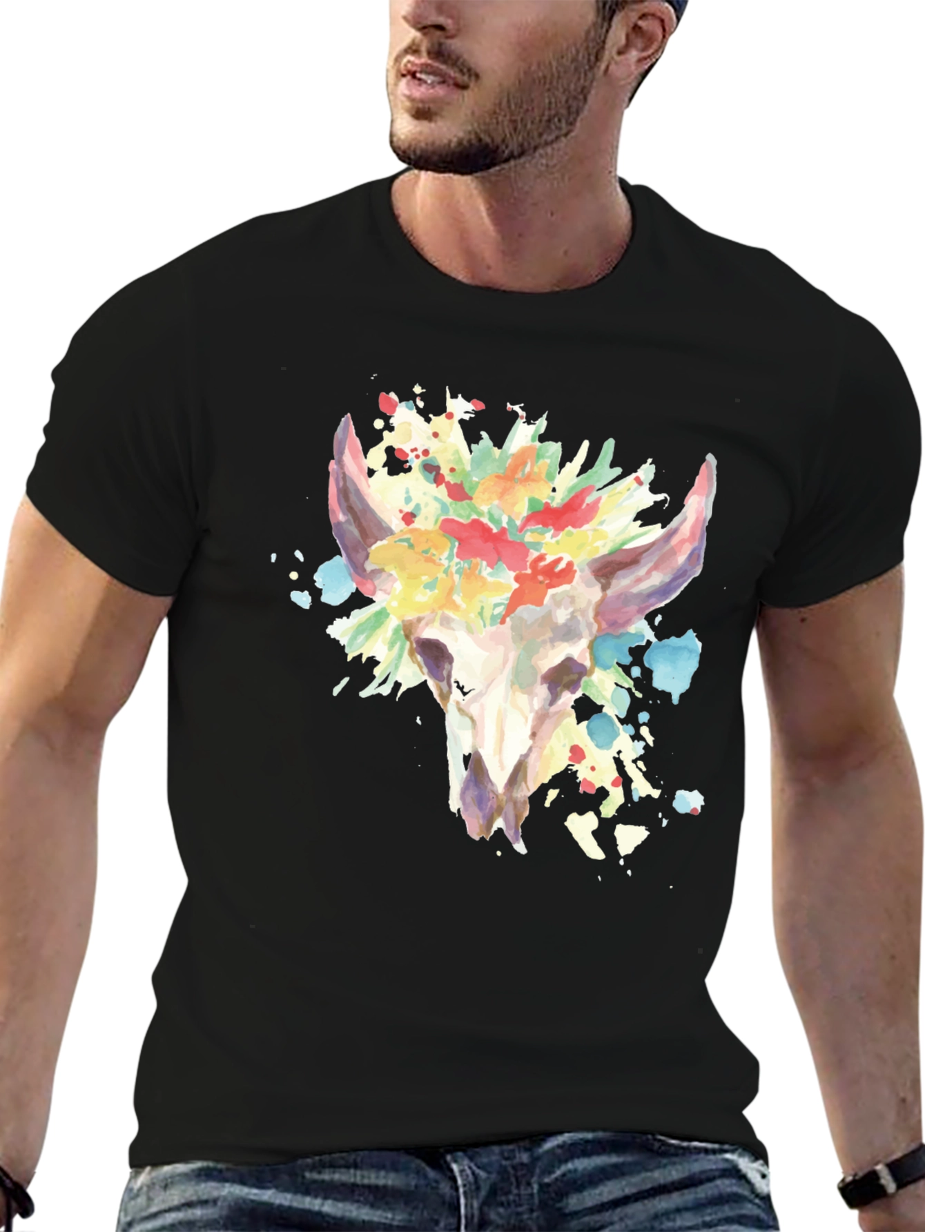 Floral Skull Graphic Tee - Mens Black T-Shirt