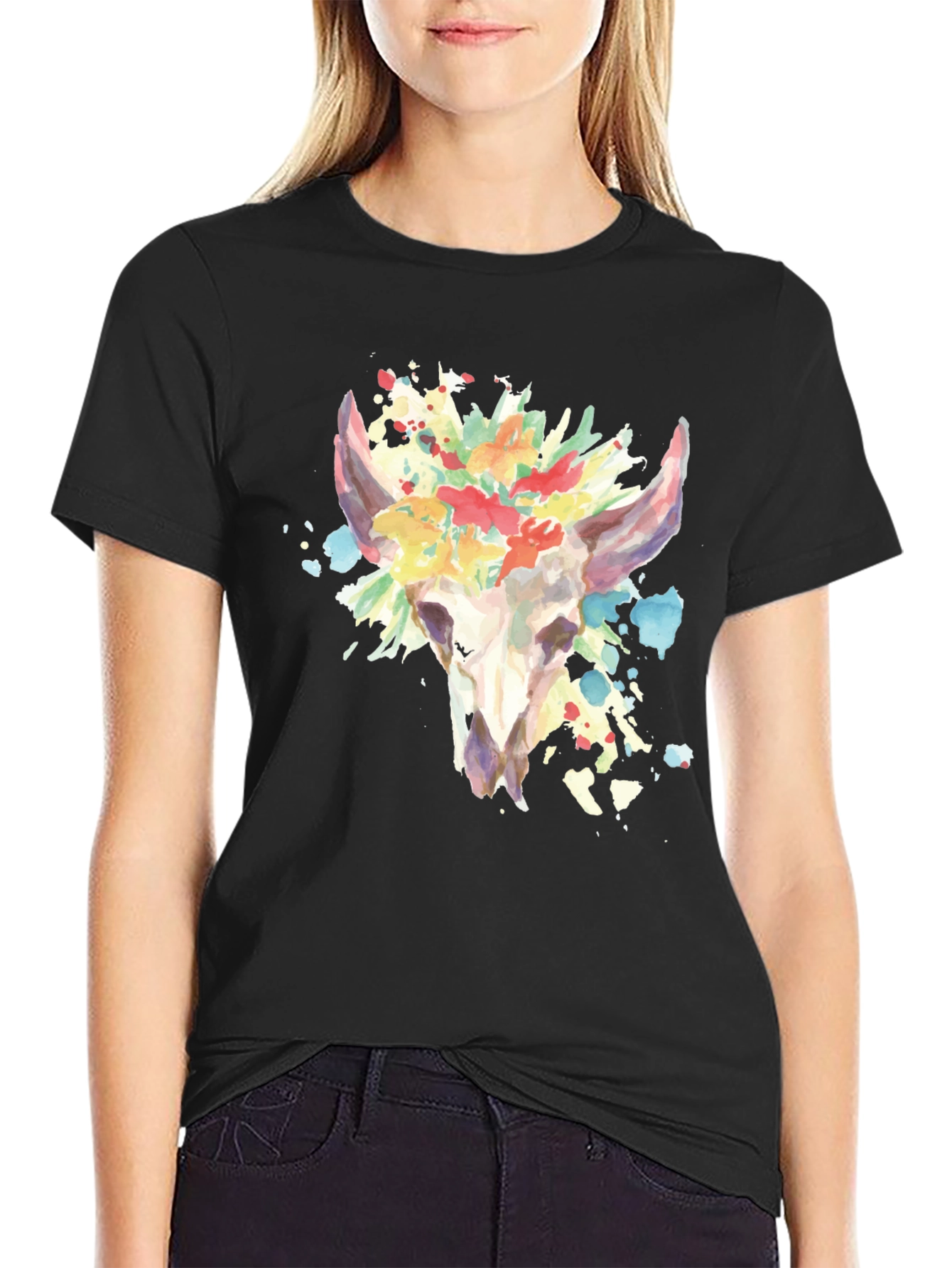 Floral Skull Graphic Tee - Mens Black T-Shirt