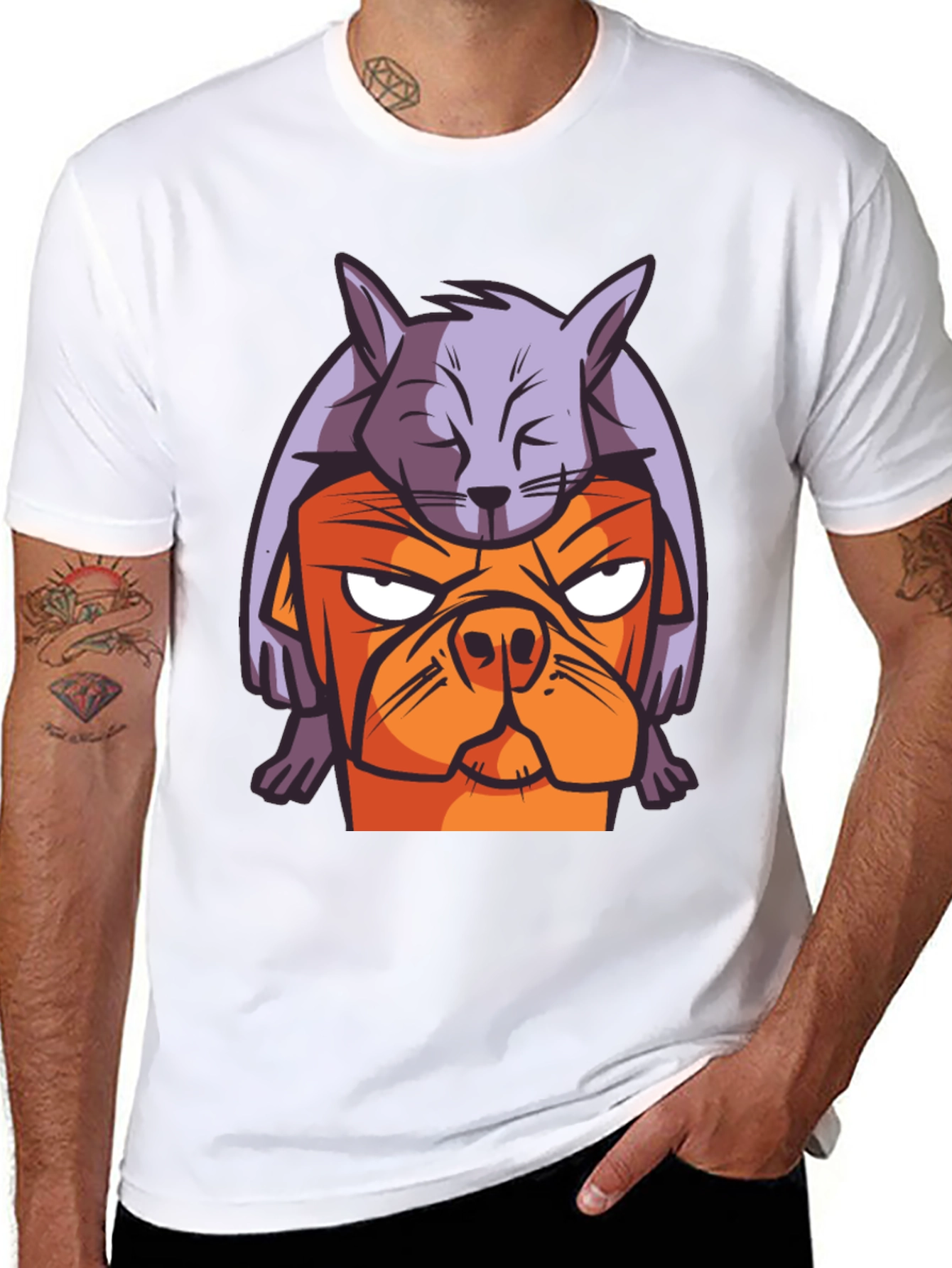Dog & Cat Cartoon Graphic Black T-Shirt