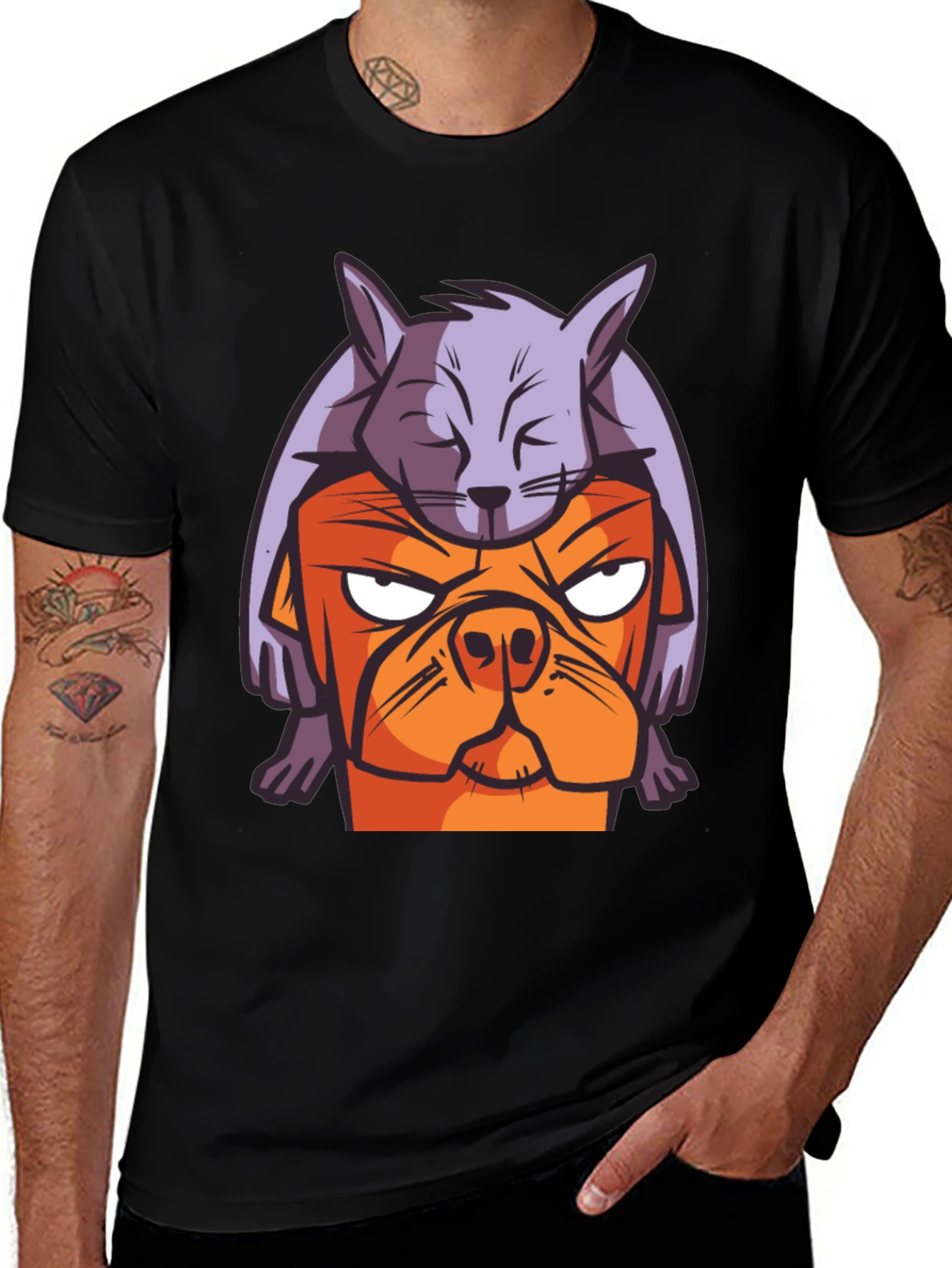 Dog & Cat Cartoon Graphic Black T-Shirt