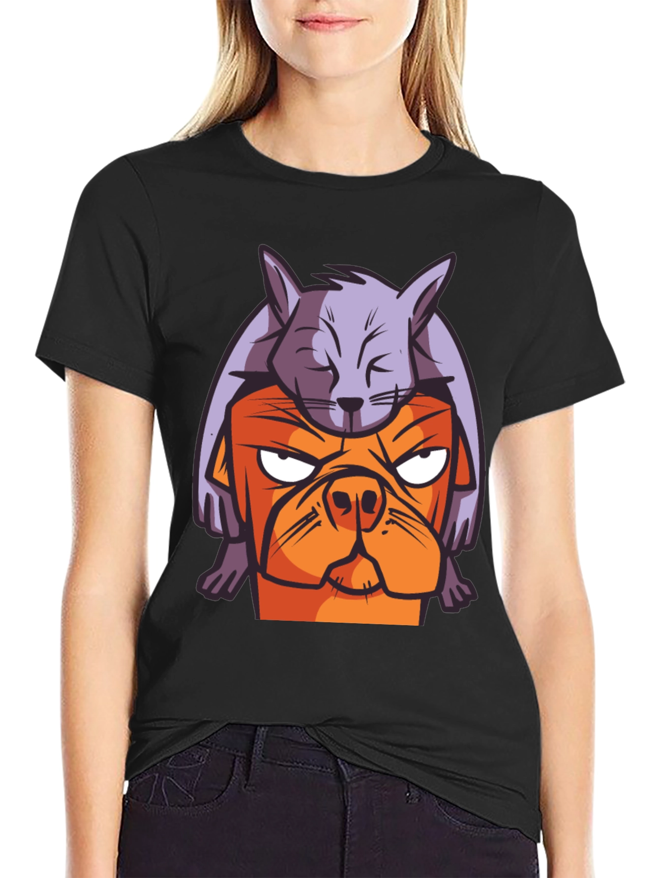 Dog & Cat Cartoon Graphic Black T-Shirt