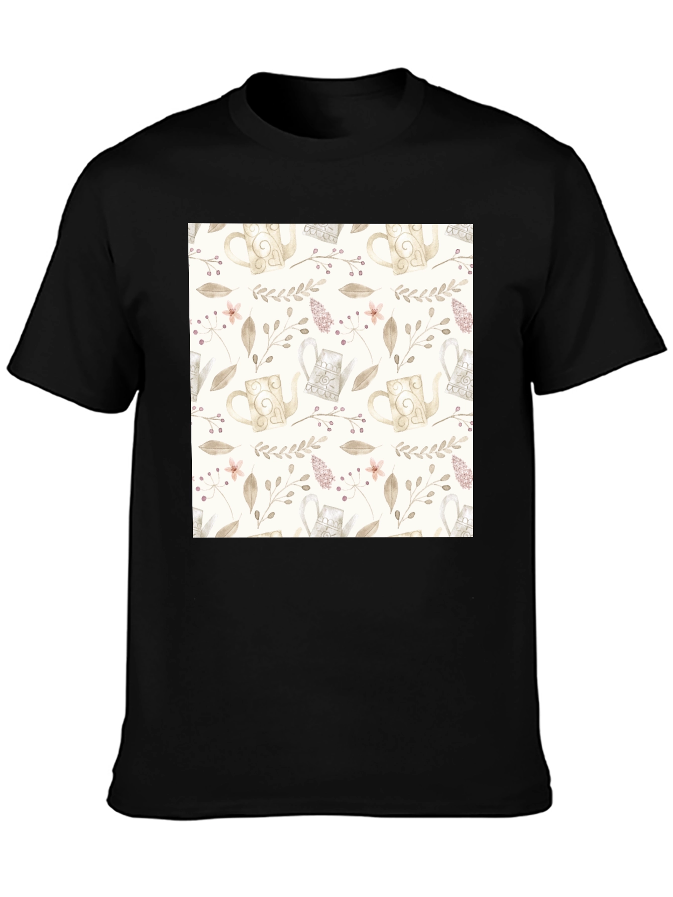 Elegant Floral Teapot Pattern Black T-Shirt