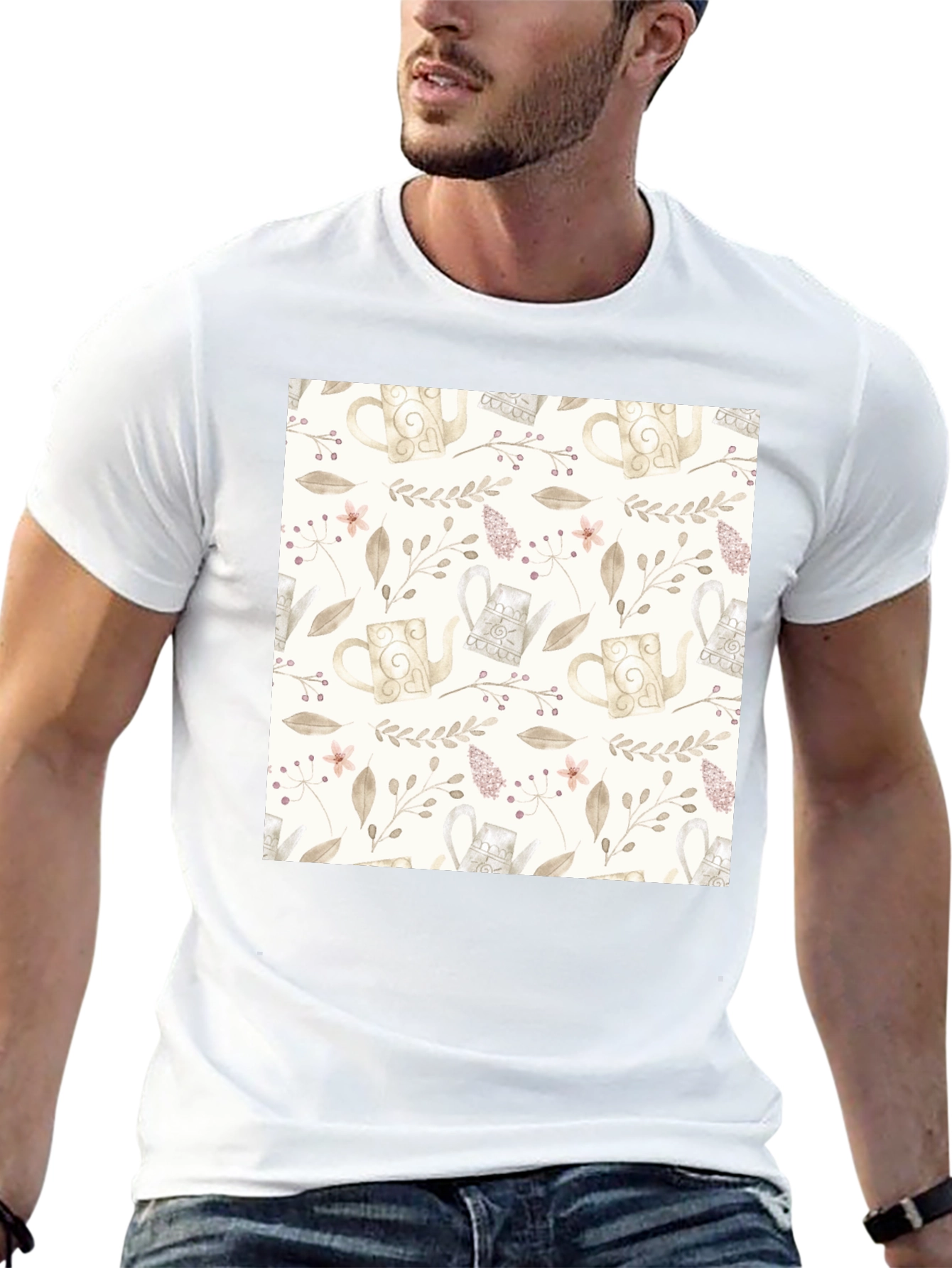 Elegant Floral Teapot Pattern Black T-Shirt