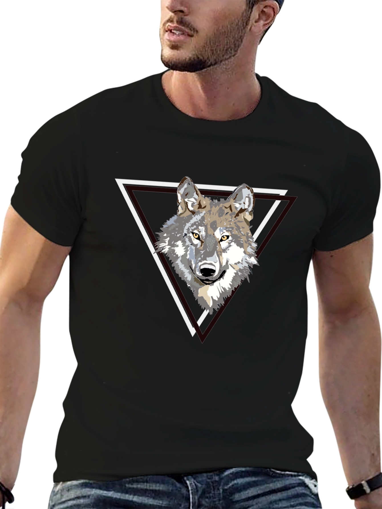 Wolf Triangle Graphic Print Black T-Shirt