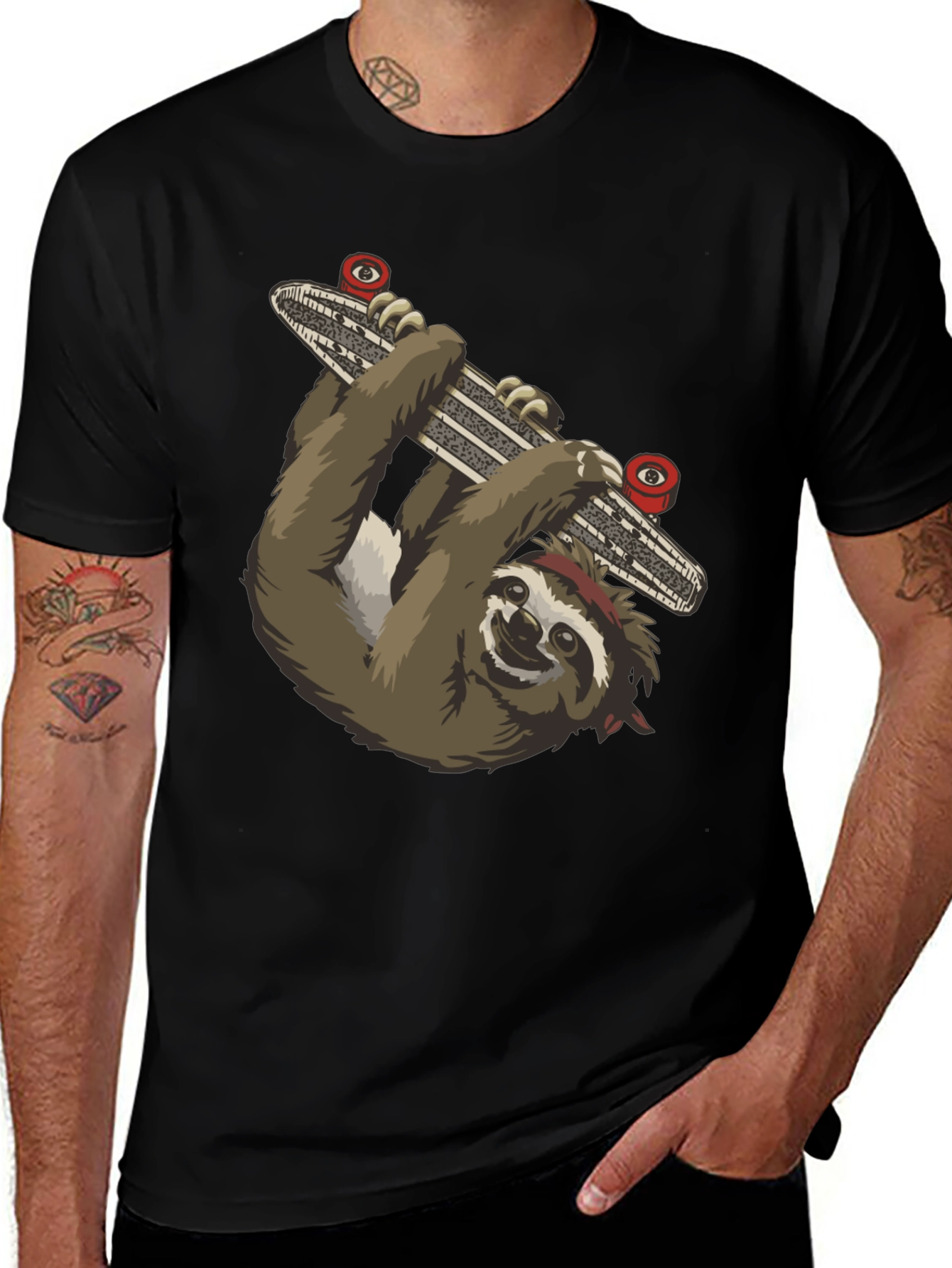 Sloth Skateboarder Graphic Tee - Black Cotton T-Shirt