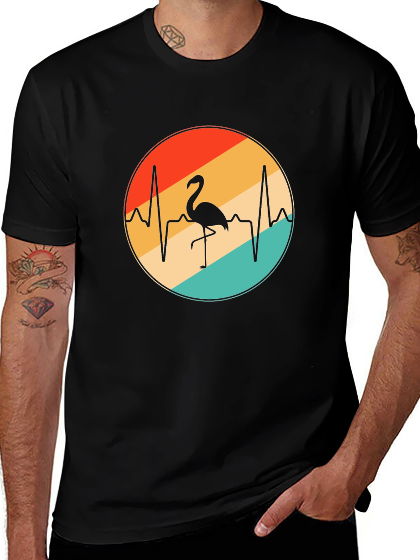 Flamingo Heartbeat Retro Graphic Tee - Black