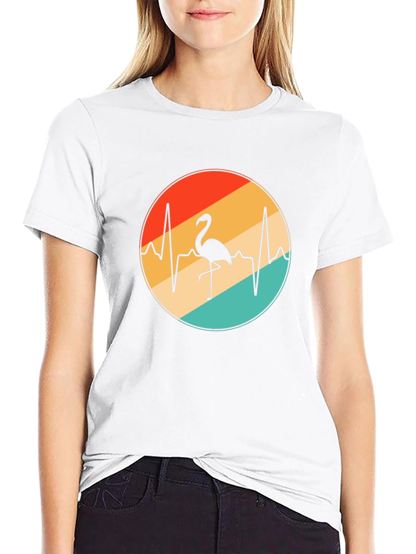 Flamingo Heartbeat Retro Graphic Tee - Black