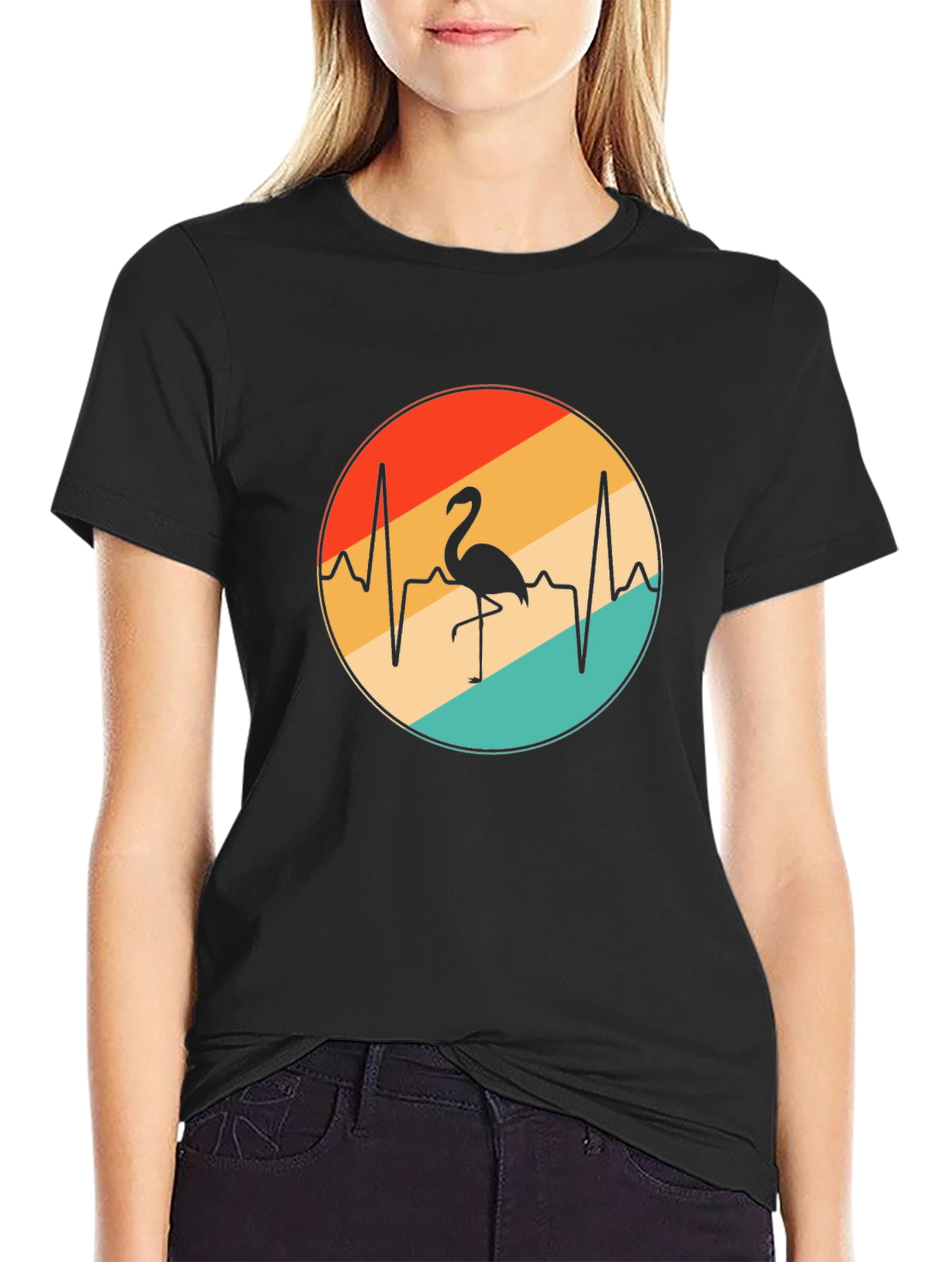Flamingo Heartbeat Retro Graphic Tee - Black