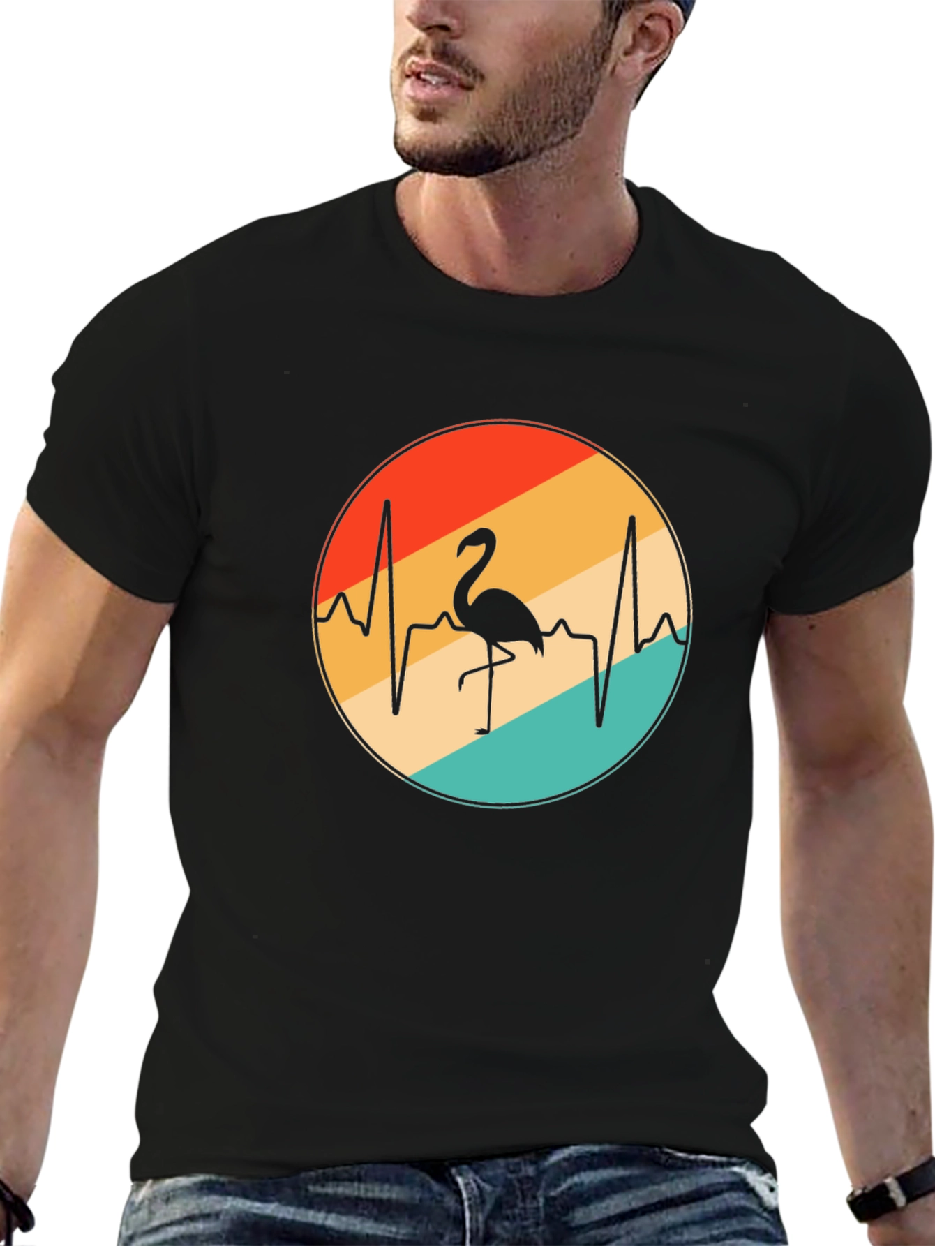 Flamingo Heartbeat Retro Graphic Tee - Black