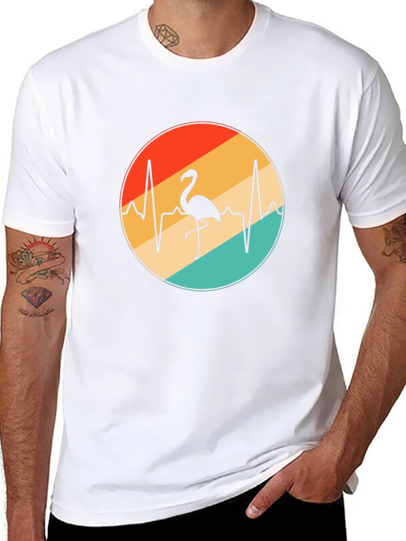 Flamingo Heartbeat Retro Graphic Tee - Black