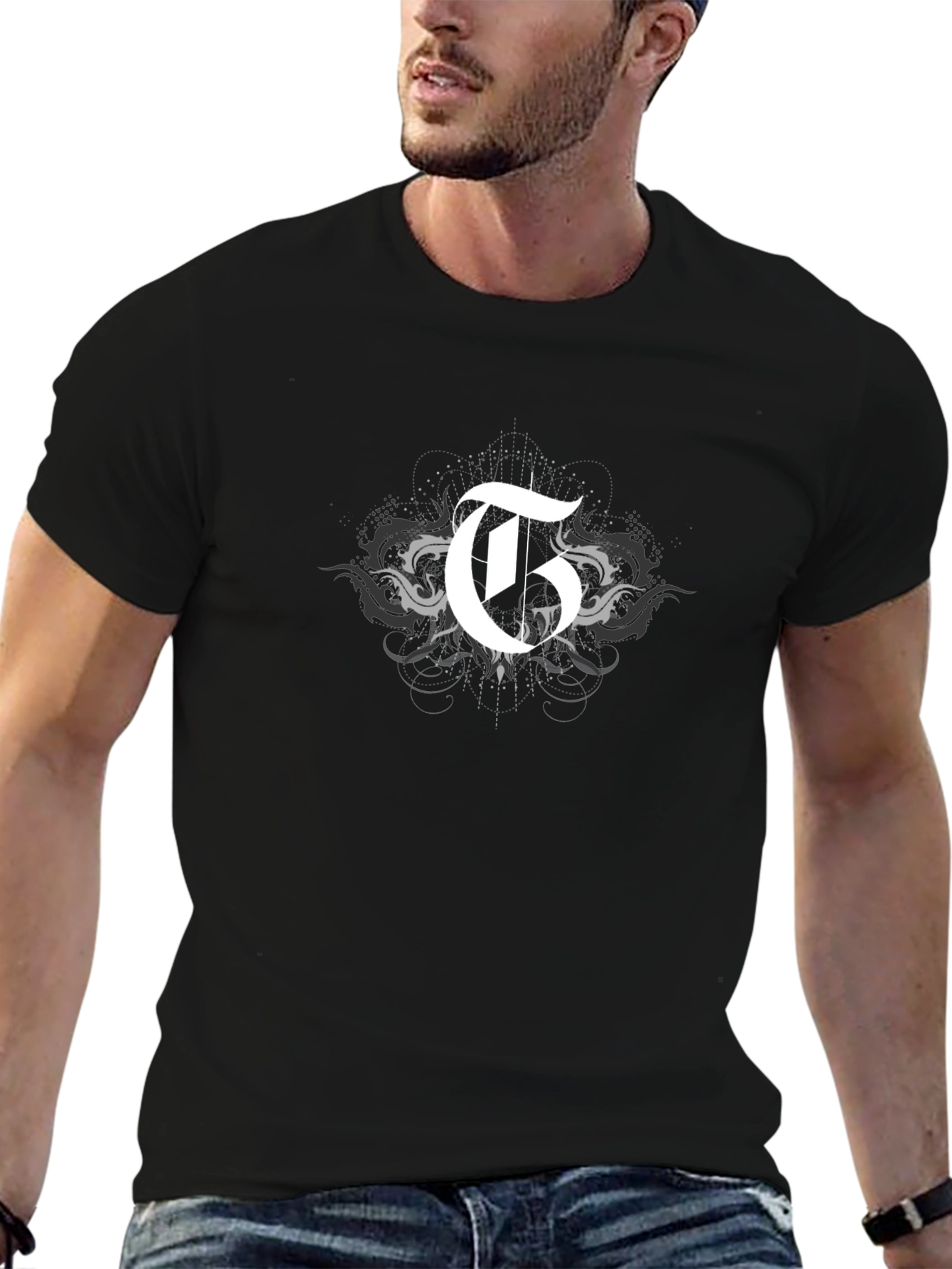Black T-Shirt with Gothic Initial G Design