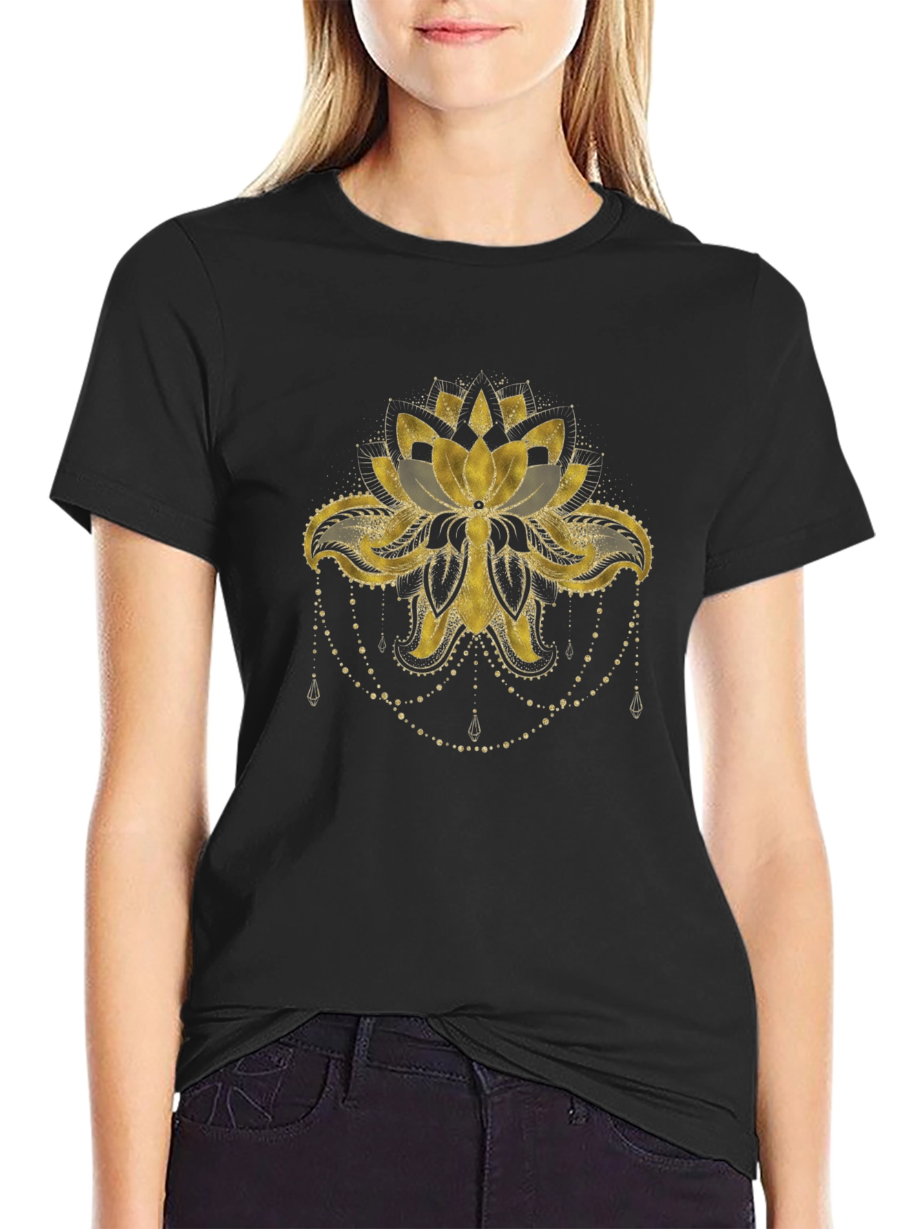 Lotus Gold Print Black T-Shirt