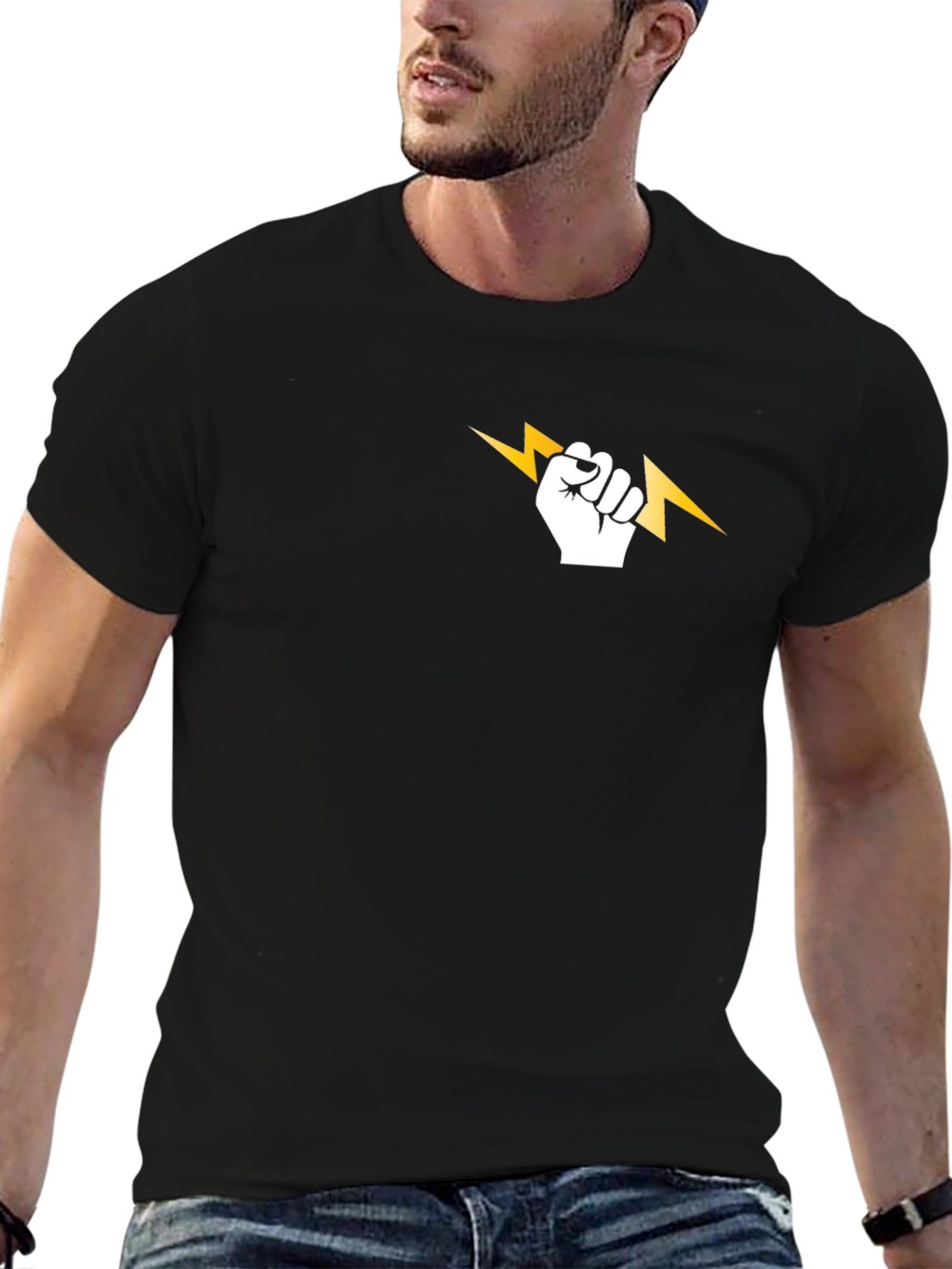 Black T-Shirt with Lightning Bolt Fist Graphic
