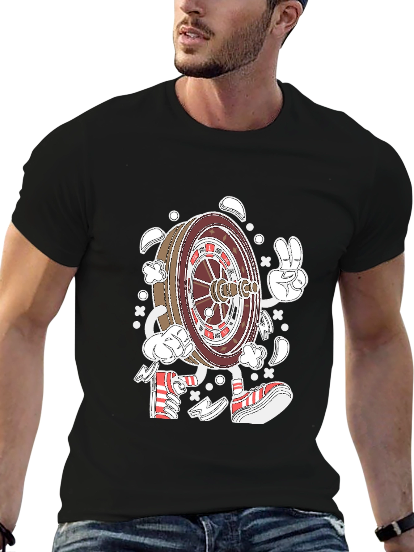 Roulette Wheel Character Graphic Tee - Black Cotton