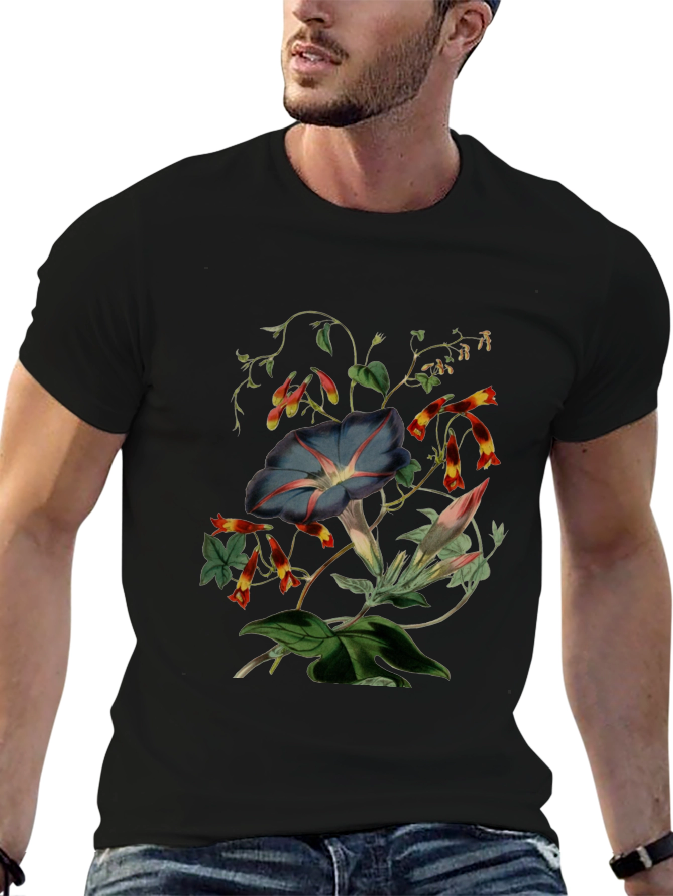 Floral Botanical Print Black T-Shirt