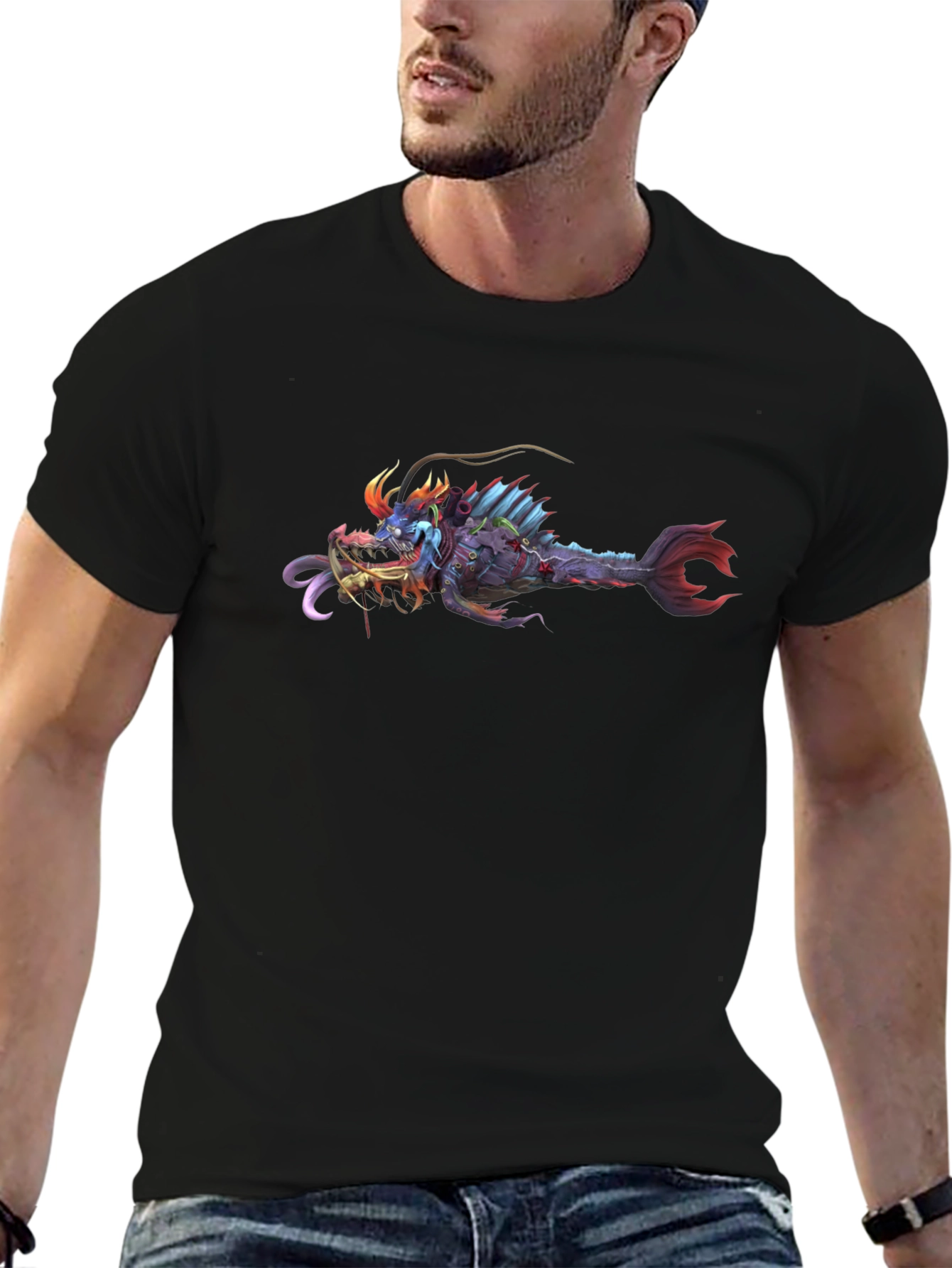 Black T-Shirt with Graphic Monster Fish Print