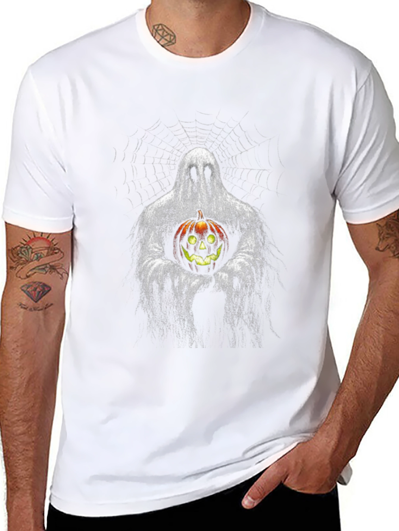 Ghost Holding Pumpkin Halloween Black T-Shirt